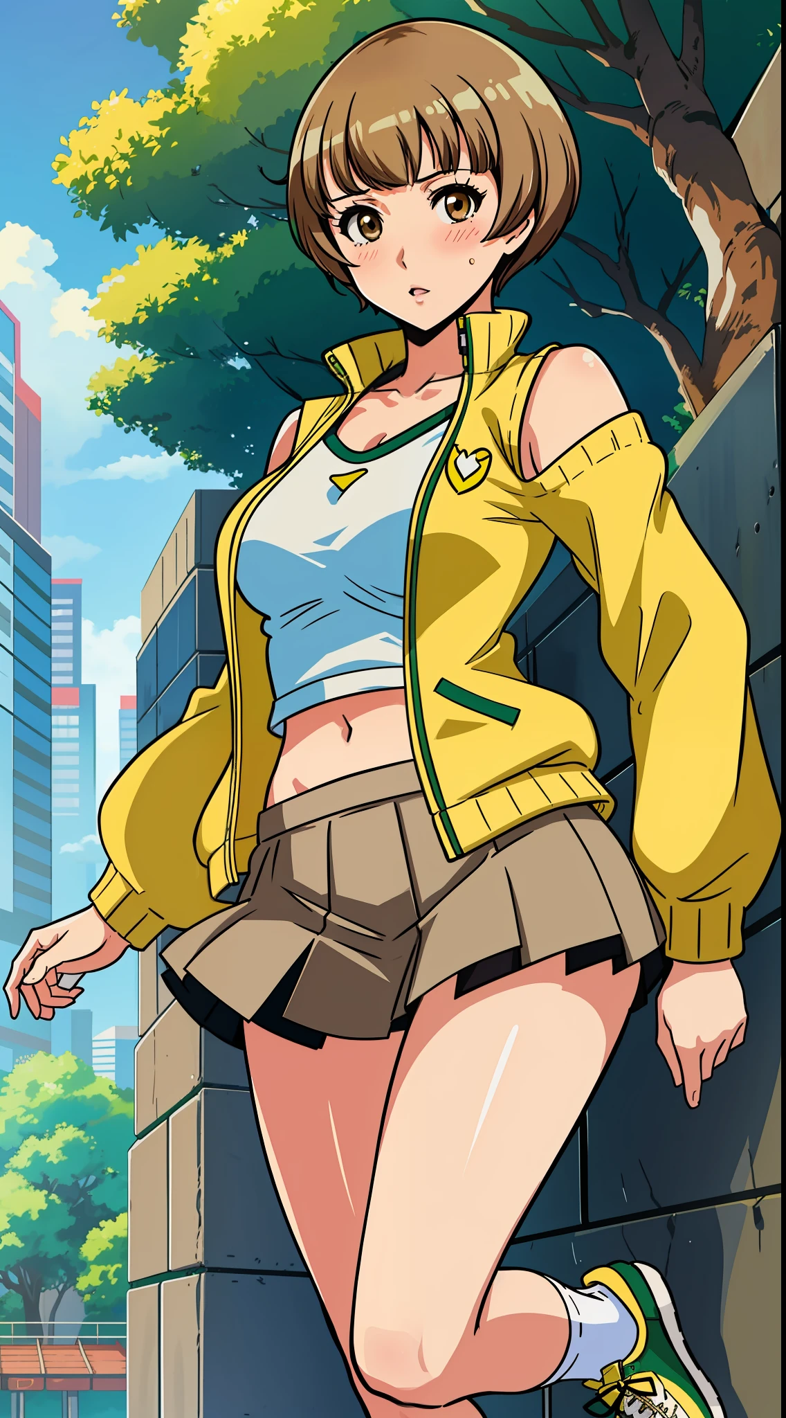 1 woman, Chie Satonaka (from persona 4, light brown short hair, white skin, brown eyes, strong fit body:1,2), green and yellow jacket, , bare shoulders, looking at the viewer, white socks and sneakers, lascivious short skirt, panties, ecchi, in a japanese city park, anime style, wideshot, bare belly, blushing, sexy:1,5, tight wet white t-shirt