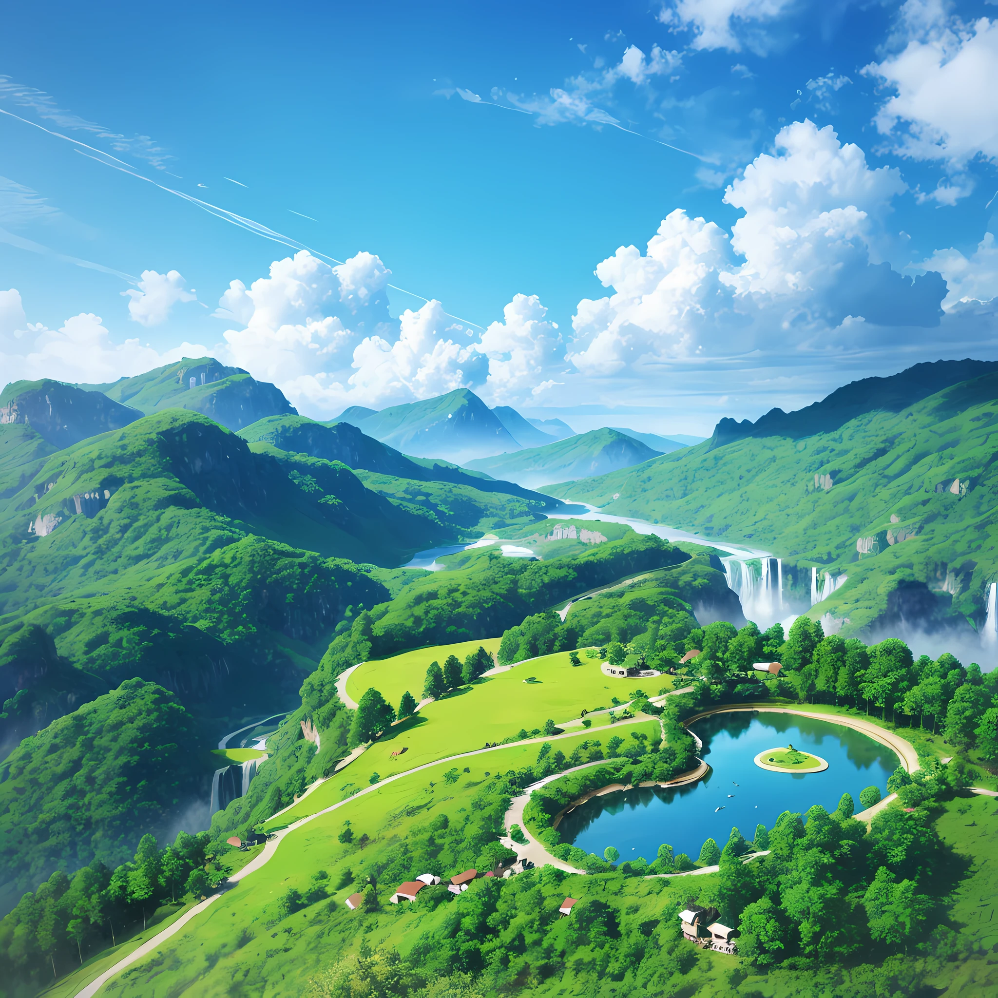 mountains and lakes surrounded by lush green trees and a blue sky, made of tree and fantasy valley, epic beautiful landscape, majestic nature scenery, impressive fantasy landscape, highly detailed landscape, beautiful render of a landscape, detailed scenery —width 672, beautiful landscape, fantastic landscape, a beautiful landscape, amazing landscape, beautiful scenic landscape, natural landscape beauty