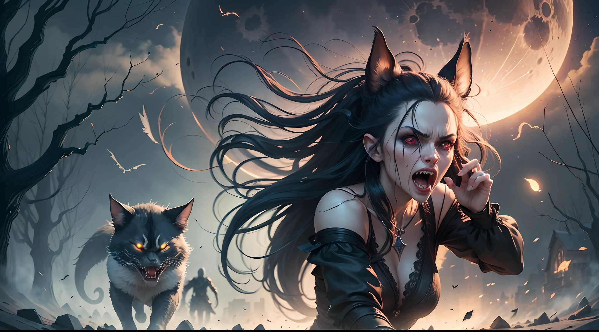 people running vampires, fright, fear, terror, night, moon, stars, central light, maximum quality, masterpiece, hyper realistic, hyper detailed, 16K, realistic lighting, masterpiece, high quality, beautiful graphics, high detail, masterpiece, high quality, beautiful graphics, high detail --auto --s2