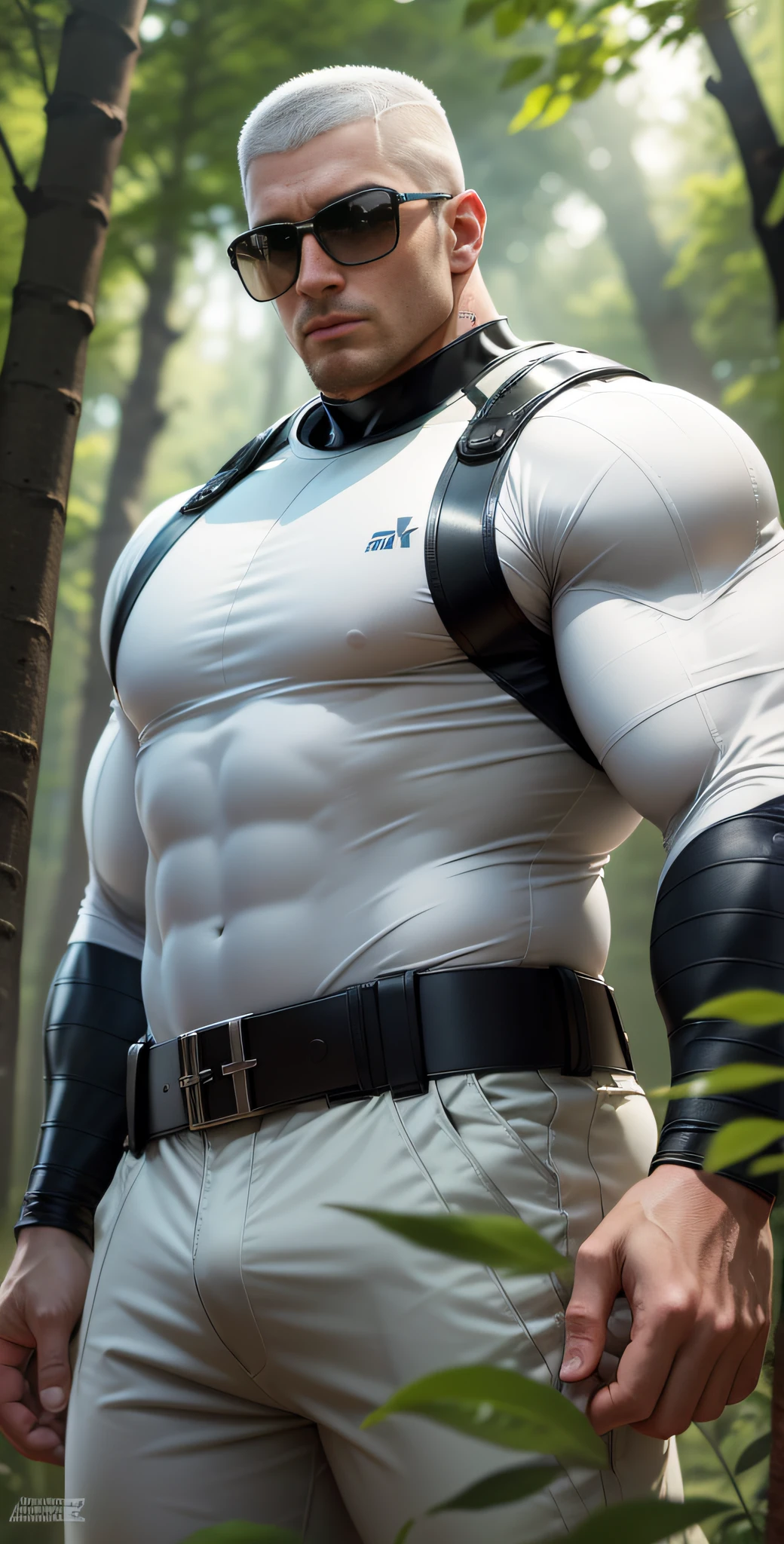 Man in off-white clothes standing in sunny forest, American round head, Buzz cut, national character face, tall and burly, muscular male hero, heroic male pose, muscular! Wearing sunglasses, skins brand white stealth suit, super buff and cool, high resolution committee, character design police, sneakers, charismatic strong male with armor, sunlight shining through the gaps in the woods