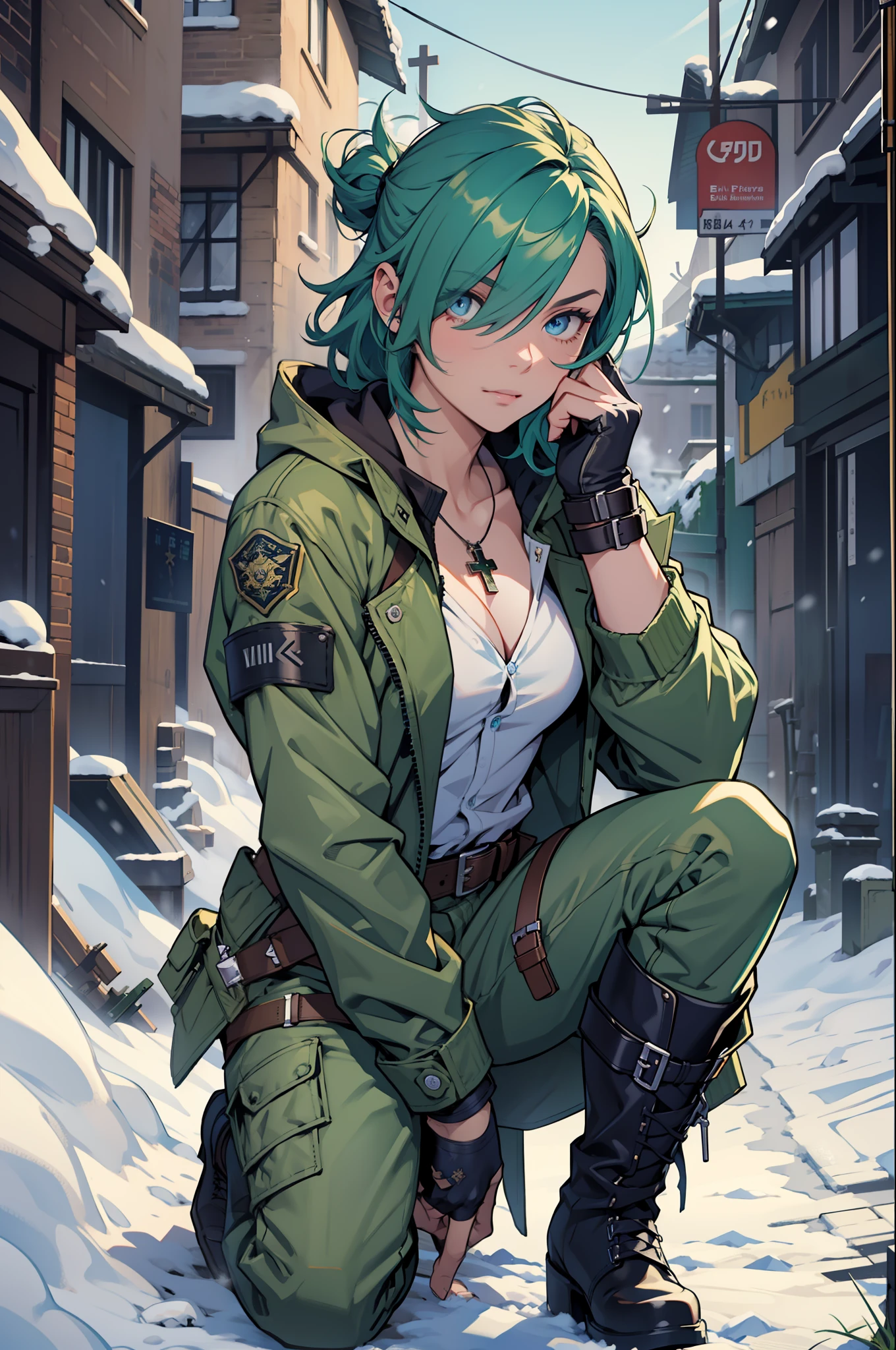 masterpiece, best quality, blue eyes, hair over one eye, green jacket, (cleavage:0.7), belt, green pants, fingerless gloves, cross-laced boots, holding AK-47, snow, one knee, from side, wide shot, blue sky --auto --s2