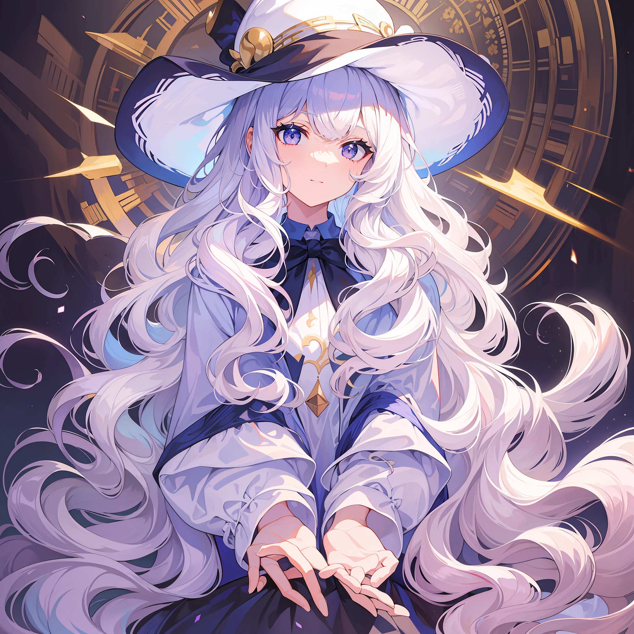 Masterpiece, best quality, white lilac hair, big wavy hair, front, broken hair bangs, full body, magic hat