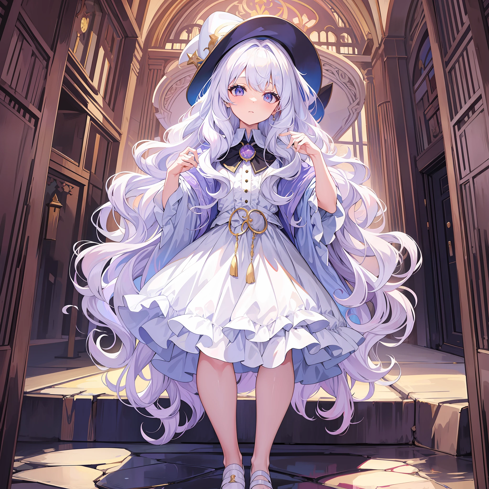 Masterpiece, best quality, white lilac hair, big wavy hair, front, broken hair bangs, full body, magic hat