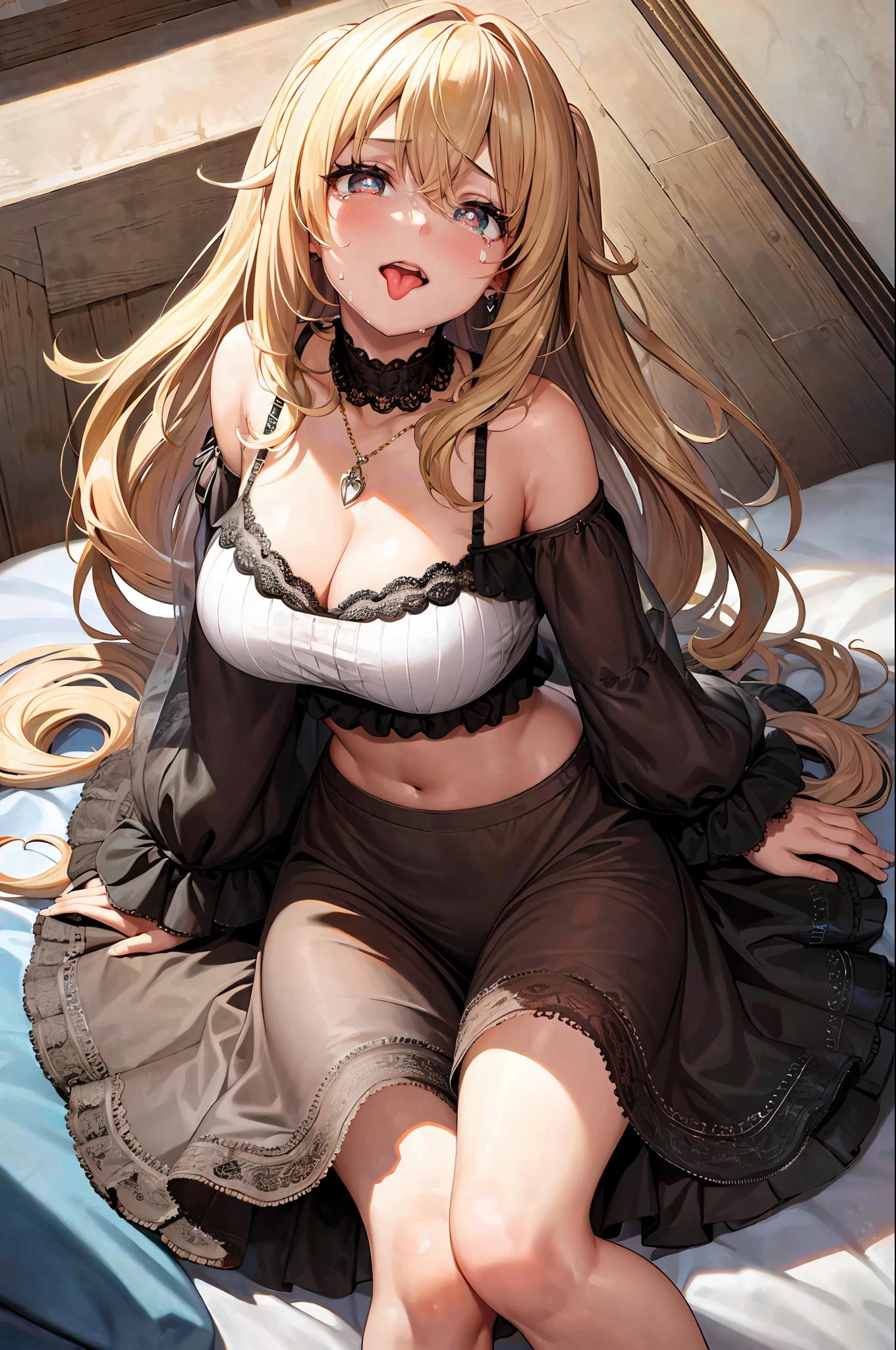 (Masterpiece: 1.4), (Top Quality: 1.4), 8K, HD, Ultra Clear, 1 Girl, (Big Breasts: 1.4), Blonde, (Heart-shaped Pupils 1.3), (Tongue Sticks Out: 1.2), Scary: 1.3, (Crying: 1.3), Princess, Bare Abdomen, White Lace Underwear, Skirt, (Looking Up), Night Bedroom Necklace, Messy Clothes, Long Hair