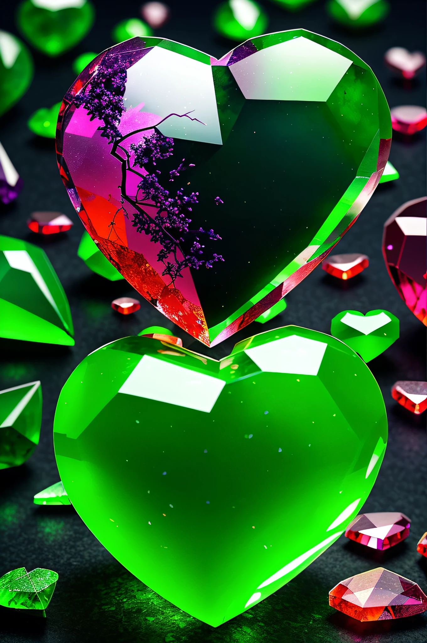 tile heartful, colorful botanical illustrations,  jade stone in the shape of a cracked heart, magnificent crystal sculpture with lightning in the sky, cinematic atmosphere, volumentric lighting, red and green give inspiration, epic, fantasy, intricate, hyper detailed, artstation, concept art, smooth, sharp focus, ray tracing, vibrant, photorealistic