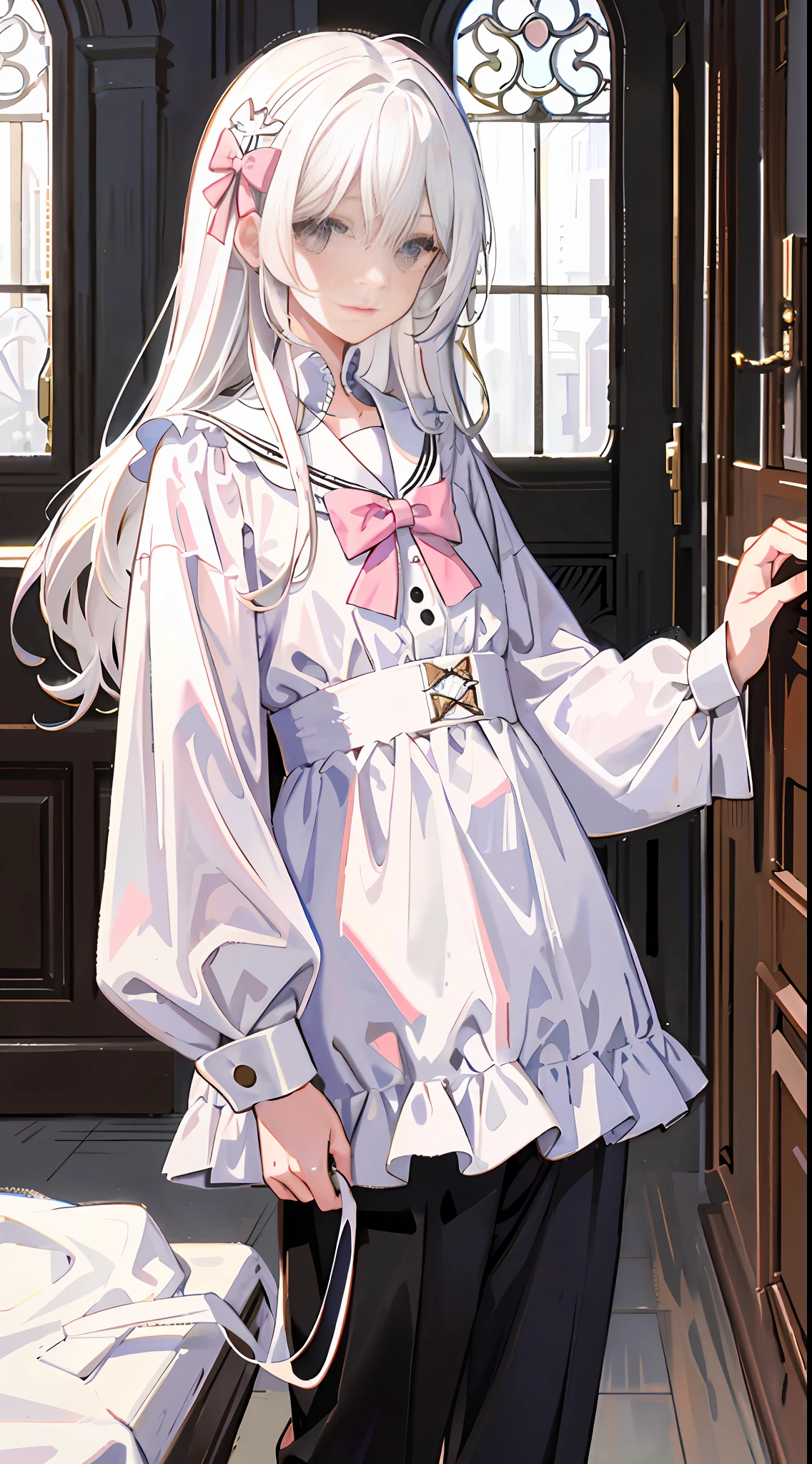 Masterpiece, best quality, super detailed, illustration, beautiful detailed eyes, close up, with a boy and a girl. It is white hair, pink bow, white pajamas. The boy is black hair, comma hair, black pants. Boys and girls in the room,