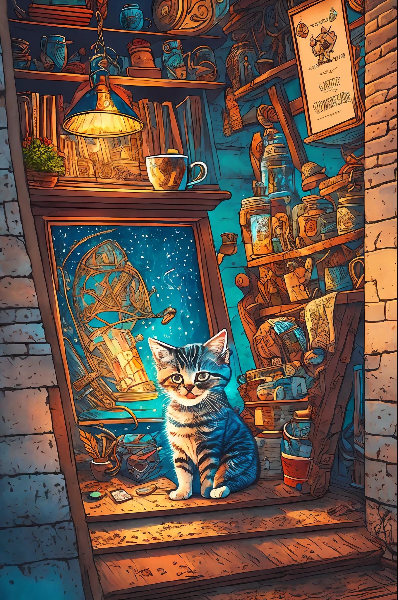 Cute kitten drinking hot steaming coffee from a huge ceramic mug, postcard, doodling, doodling, very cute, very cozy like a postcard, many characters, Dan Mumford style Artwork, Computer Game Art, Psytrance, Hydro74 Style