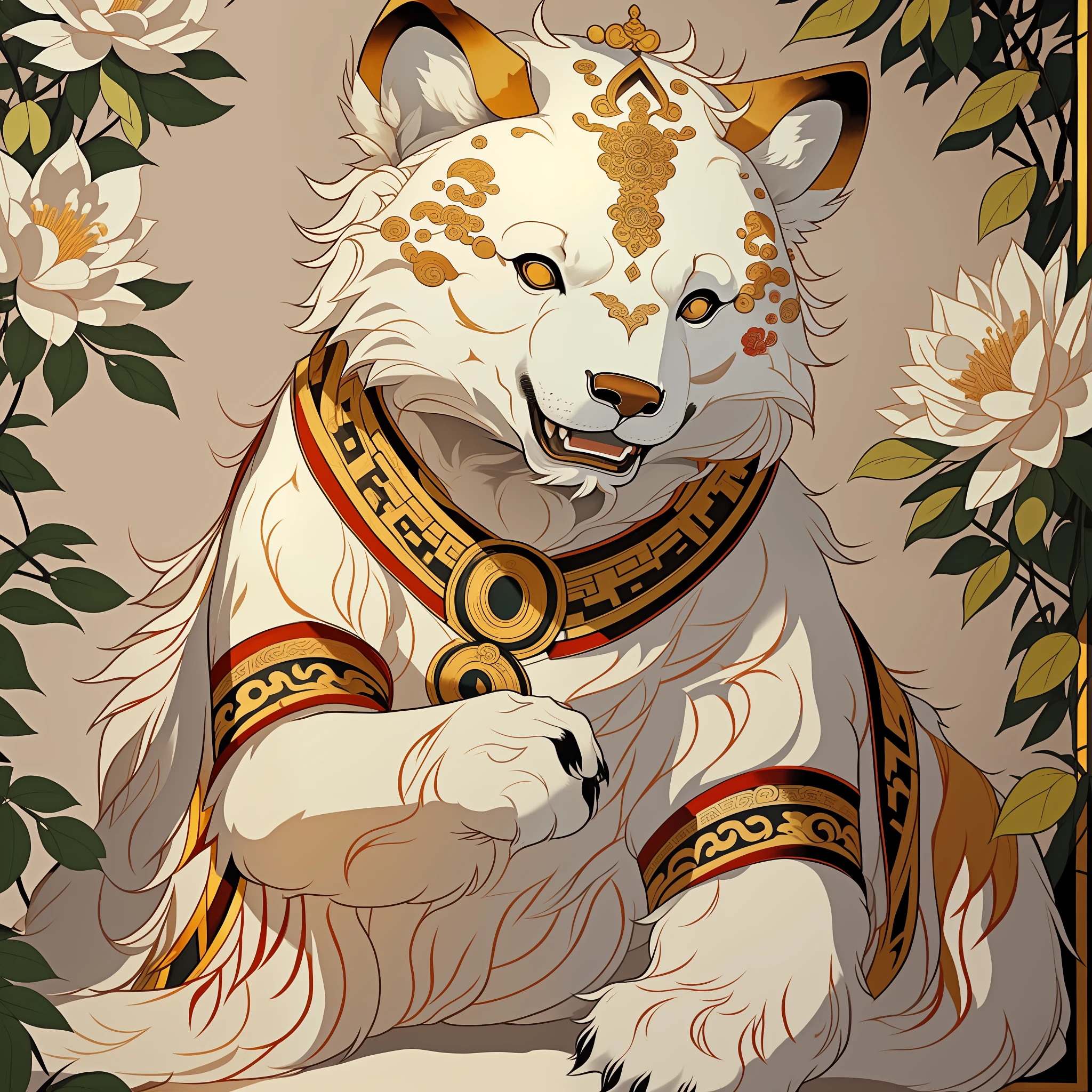 Close-up of an ancient Chinese adult polar bear, brown bear, main body is a bear, mural, fierce expression, ashura in Chinese mythology, ancient Chinese art style, Wen Boren, golden splendor, white Chinese bear fantasy, mythical creatures, Chinese bear concept art, ancient Chinese gorgeous, Chinese mythology, ink flowers, inspired by Puhua, an ancient creature, qigong, single close-up, with body, Qing dynasty painting, traditional painting, intricate detail painting, the best quality, masterpiece, very delicate and beautiful