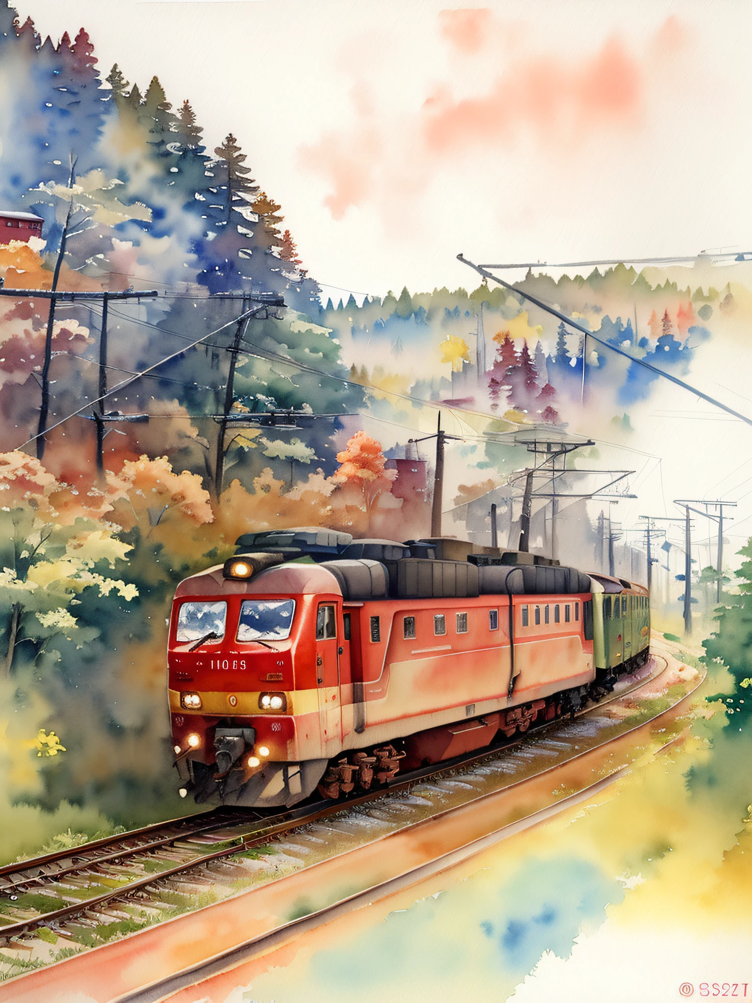 ( watercolor \(medium\), drawing, IrisCompiet:1.2), painting red electric train rides on tracks among tundra, landscape, sfw, forest, railway, trees