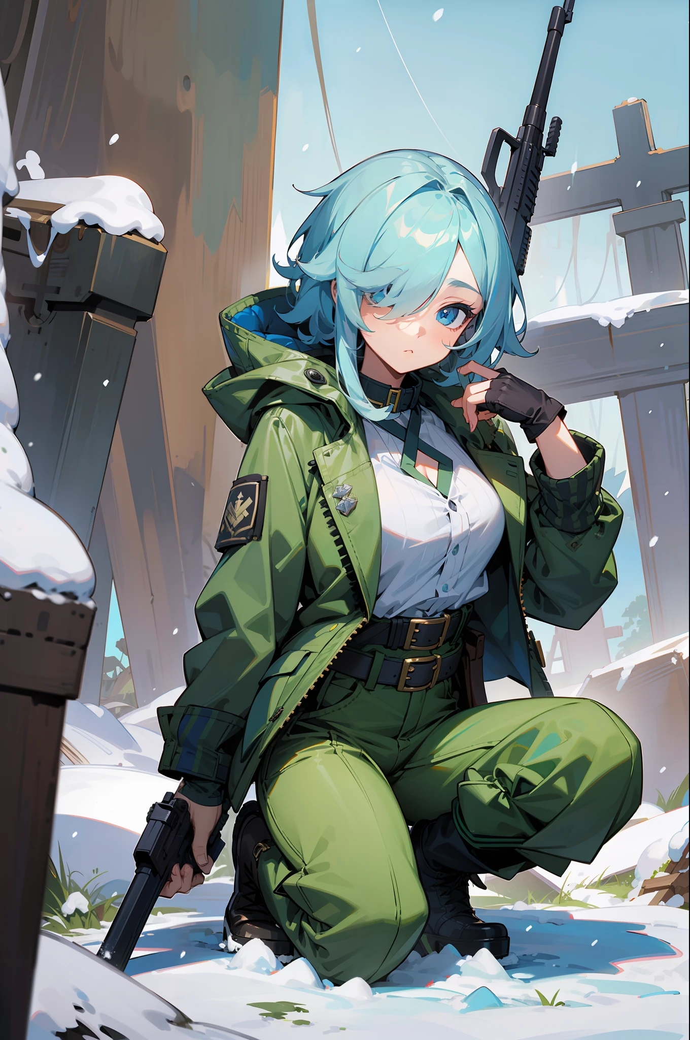 masterpiece, best quality, blue eyes, hair over one eye, green jacket, (cleavage:0.7), belt, green pants, fingerless gloves, cross-laced boots, holding AK-47, snow, one knee, from side, wide shot, blue sky --auto --s2