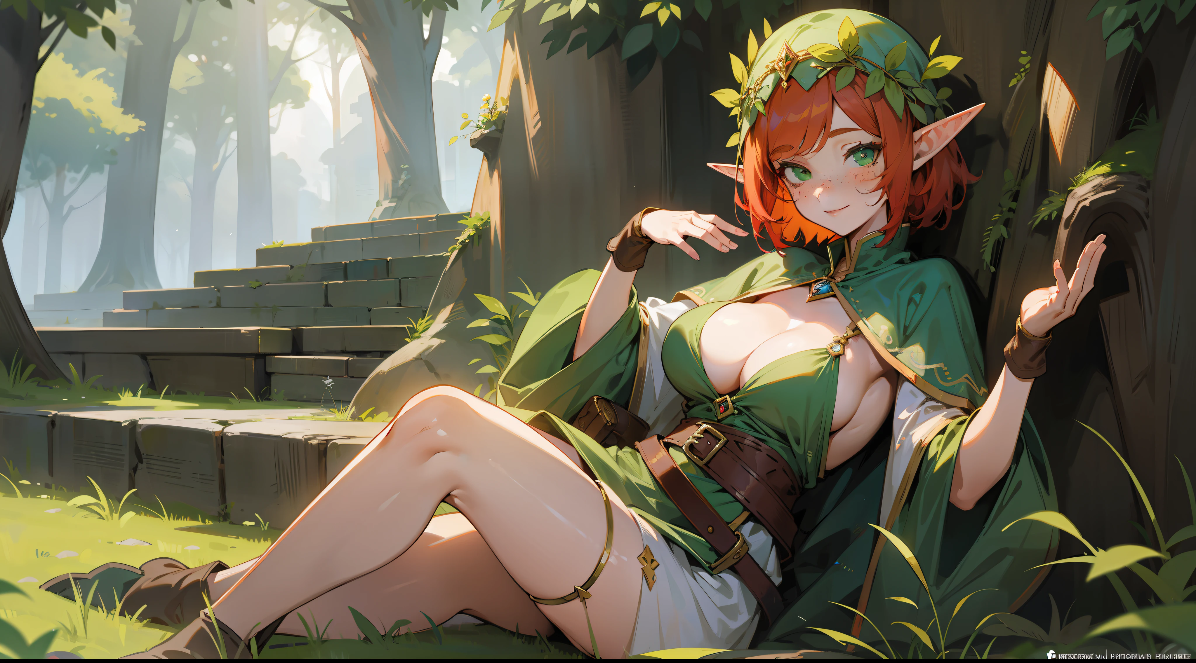 elf, druid, short hair, redhead, green eyes, freckles, high resolution, large breasts, full body, happy expression, fantasy, medieval