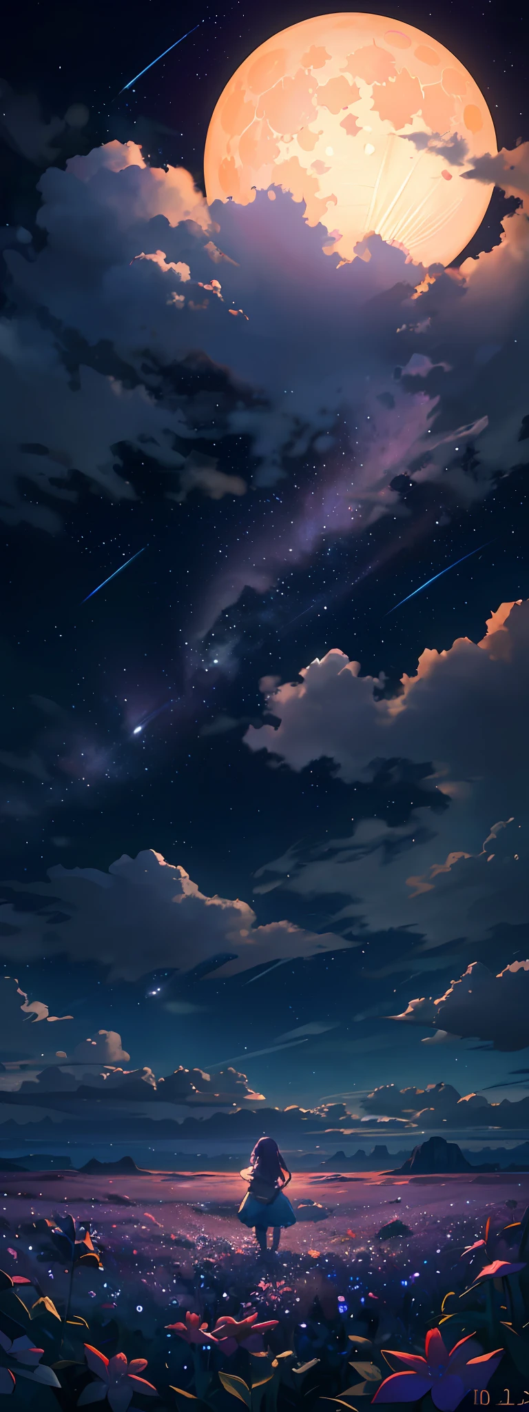 Expansive landscape photograph, (view from below with a view of the sky and wilderness below), little girl standing in a flower field looking up, (full moon: 1.2), (shooting star: 0.9), (nebula: 1.3), distant mountain, tree break production art, (warm light source: 1.2), (firefly: 1.2), lamp, purple and orange, intricate detail, volume lighting, realism break (masterpiece: 1.2) (Best Quality), 4K, Ultra-Detailed, (Dynamic Configuration: 1.4), Highly Detailed and Colorful Details, (Iridescent Colors: 1.2), (Glowing Lighting, Atmospheric Lighting), Dreamy, Magical, (Solo: 1.2)