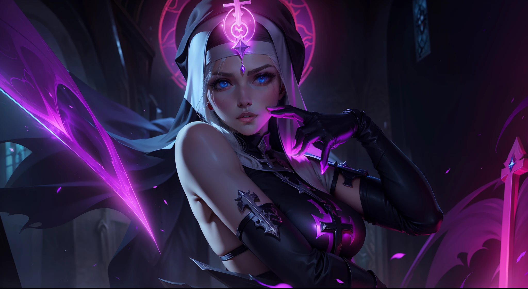 nun, cross, bible, white hair, church, realistic and detailed eyes, league of legends --auto --s2