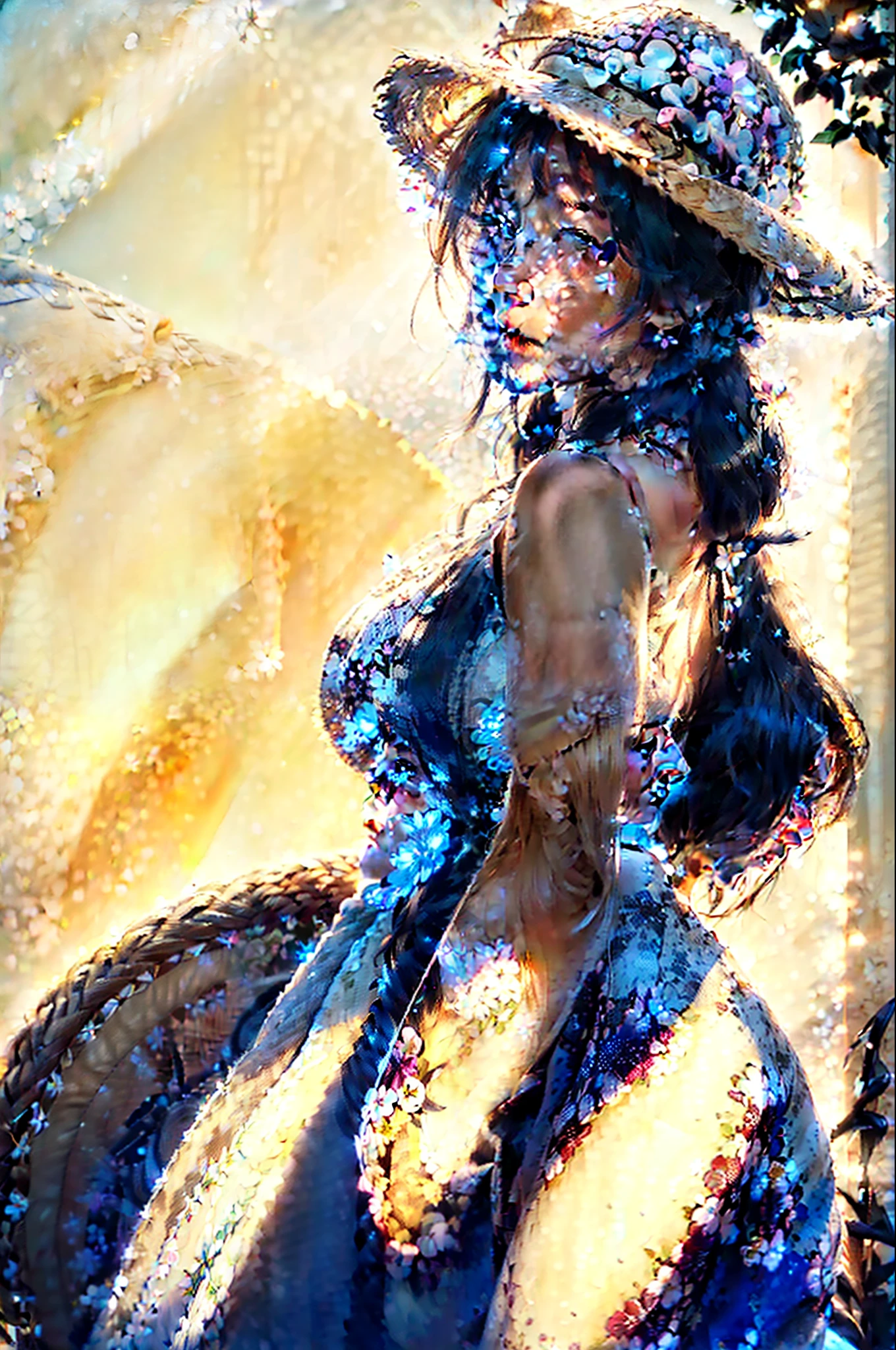 (extreme close up:1.5), (face focus:2),(Style of ???? ???:1.5),
((side face:2)),(1girl surrounded by soft_light:1.5), (backlighting:1.8), (lighting),(flowing fabric:1.3), ((Floral_summer_dress:1.5),(Straw_hat:1.3)),
(masterpiece), realistic, HDR, highly detailed, 8k, raw photo,
ambient occlusion, natural, harmonious composition, warm tones, fine art photography,