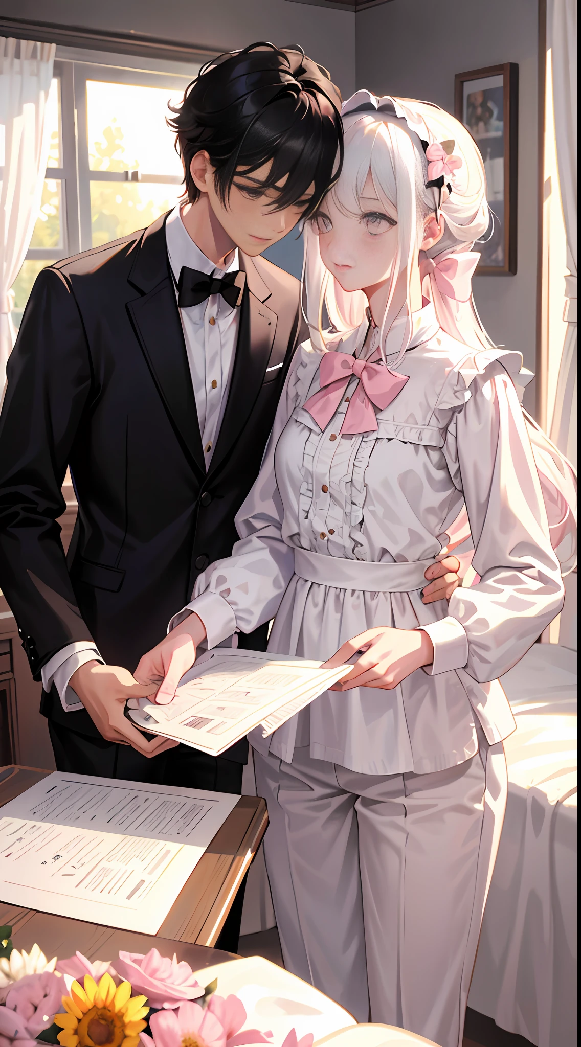 Masterpiece, best quality, super detailed, illustration, beautiful detailed eyes, close up, with a boy and a girl. It is white hair, pink bow, white pajamas. The boy is black hair, comma hair, black pants. Boys and girls in the room,