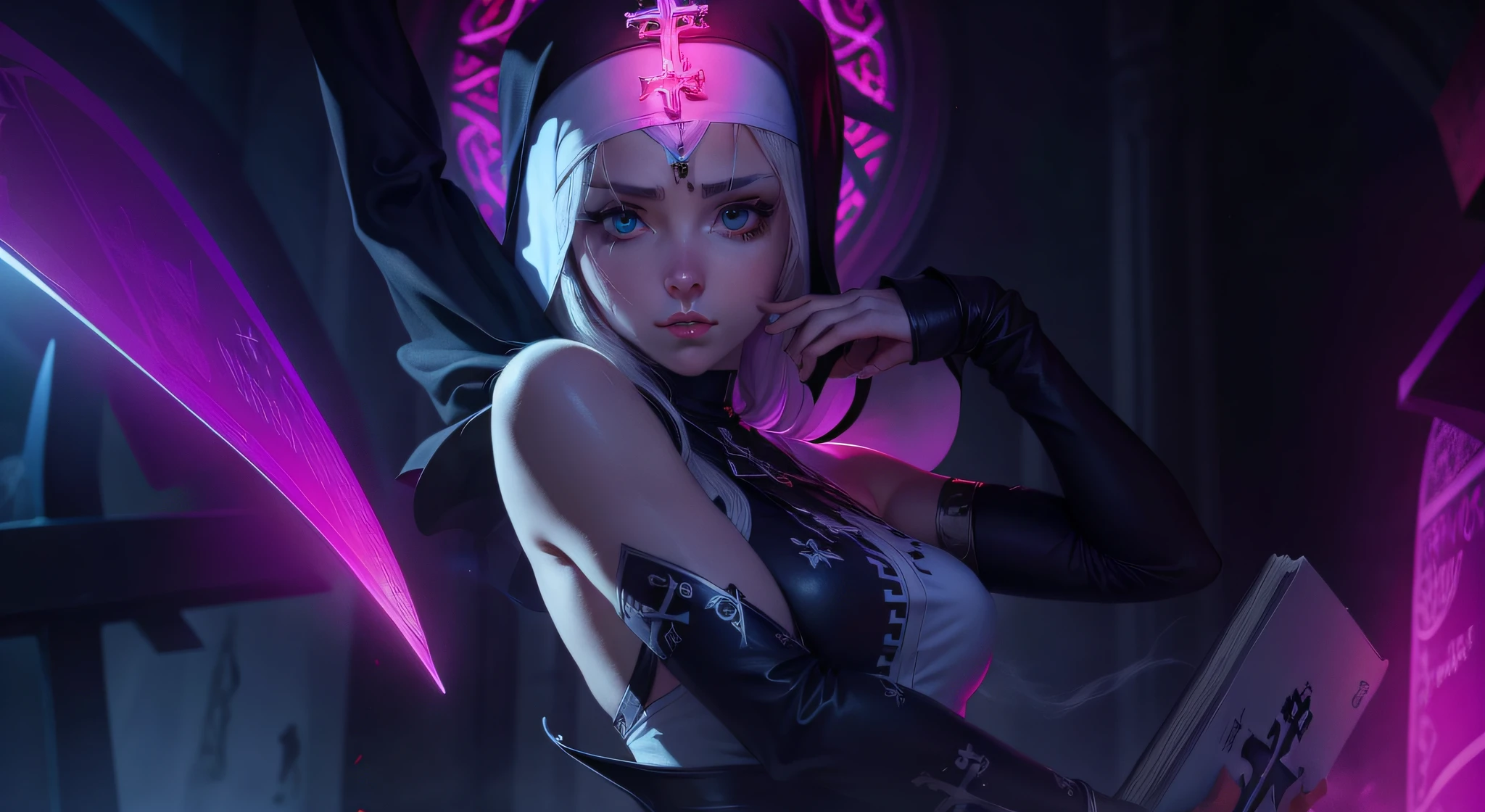 nun, cross, bible, white hair, church, realistic and detailed eyes --auto --s2