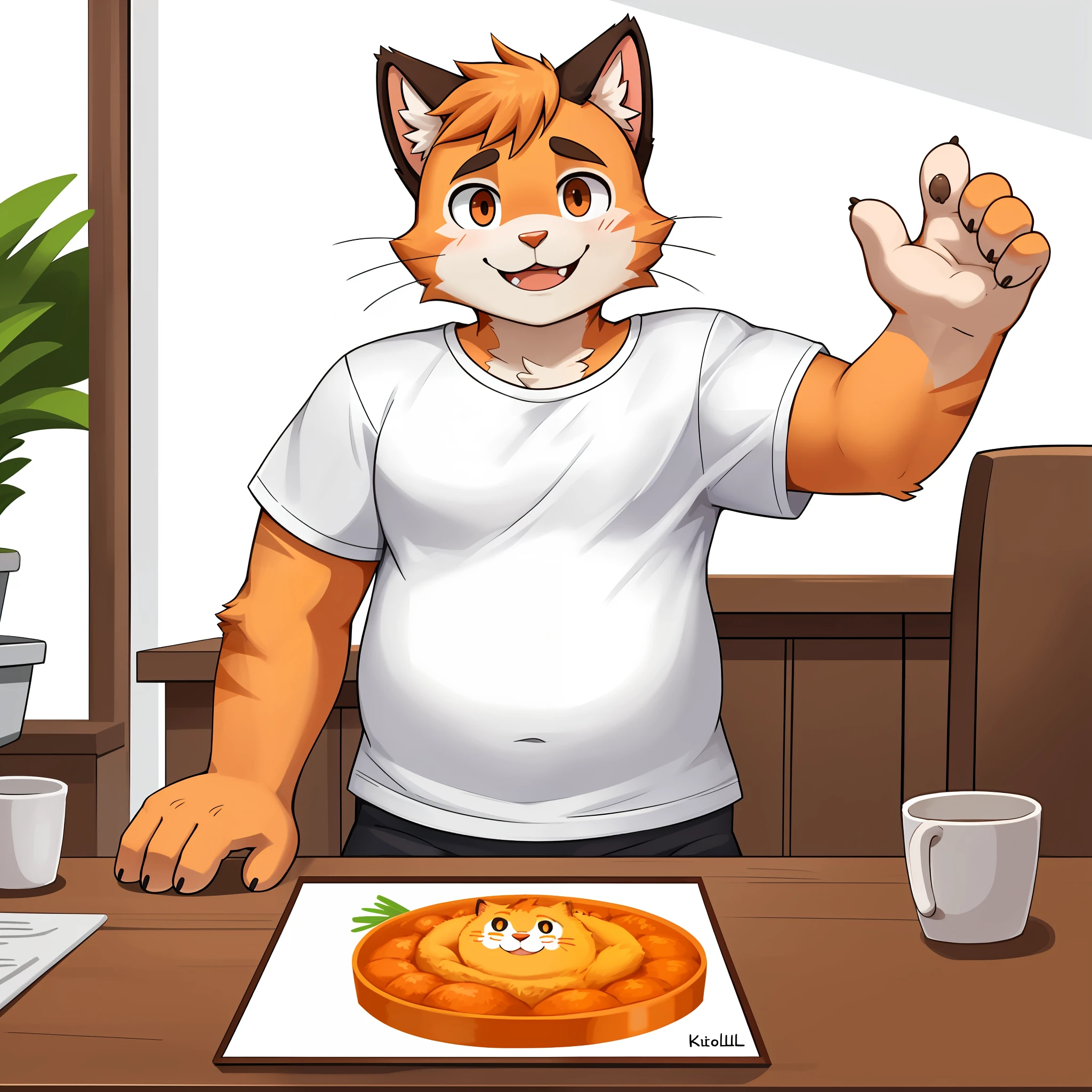 Nicola Kroll, orange cat, orange fur, solo, looking at the audience, 1boy, male focus, white short sleeves, clean clothing, chubby, expression, white background, flat paint, youth, standing straight, greeting action, solo, raise hand welcome, four-panel caricature, sitting at table, stick figure, smiley, framed, close-up, pov