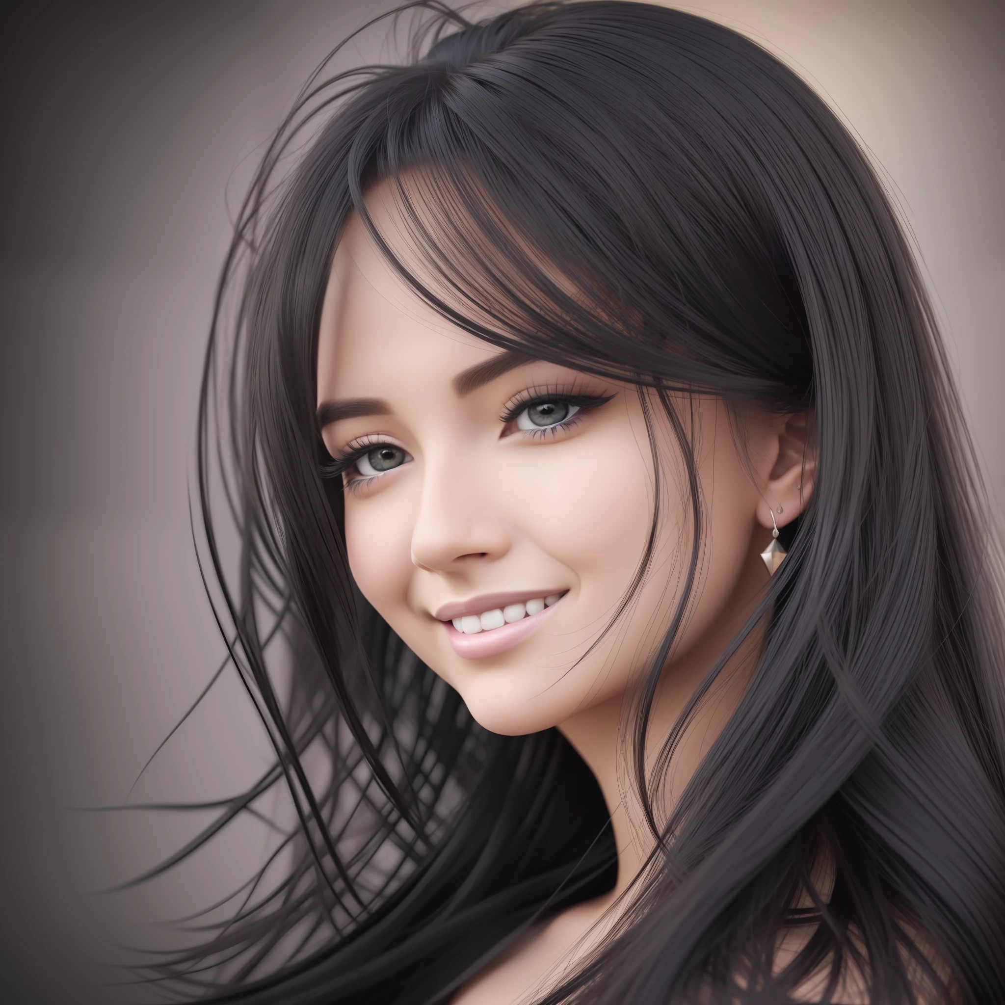 (detailed portrait, best quality, ultra-realistic), beautiful woman,(long black hair), dynamic angle, subtle smile, piercing eyes, (soft lighting:1.2), (vibrant background:0.8), wide shot