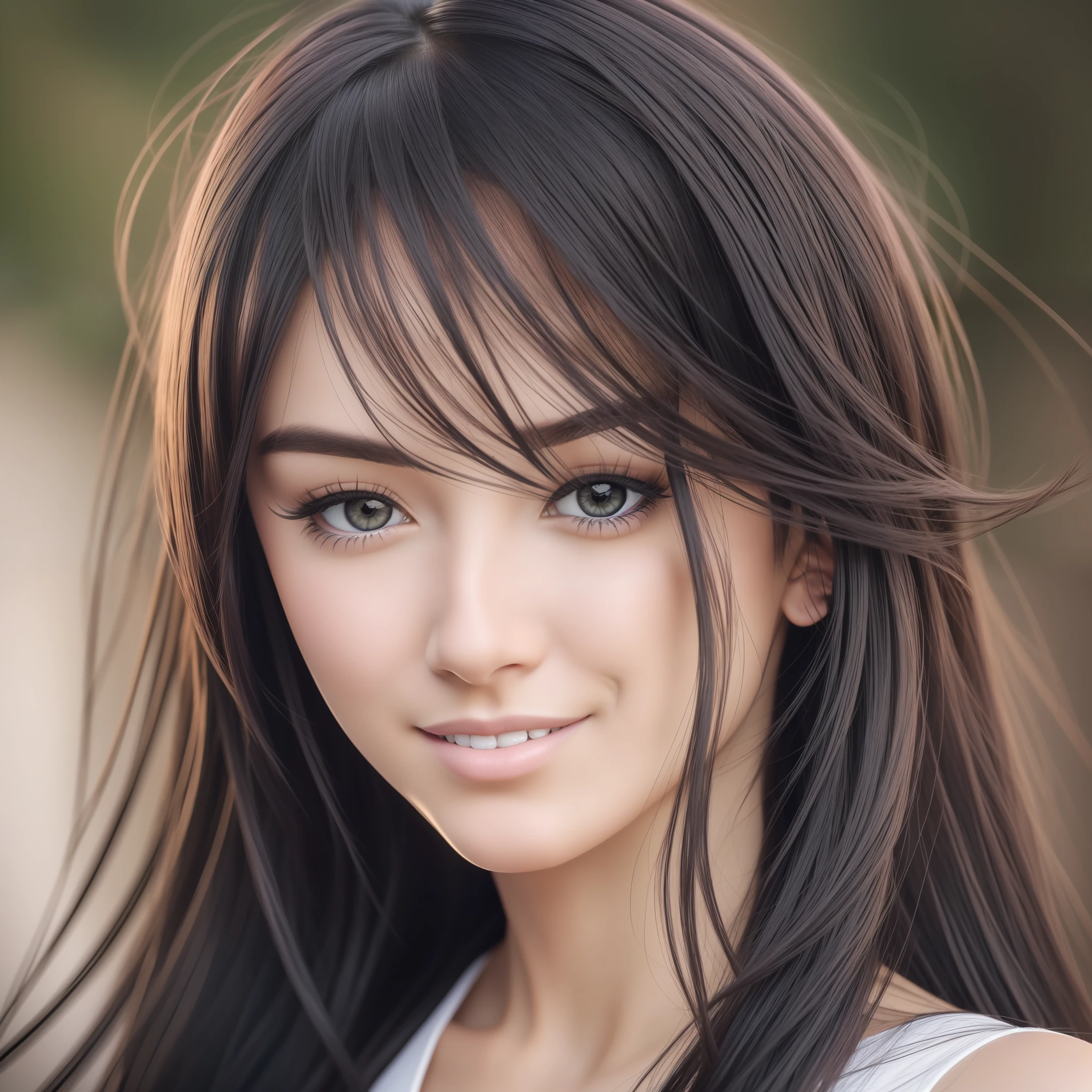 (detailed portrait, best quality, ultra-realistic), beautiful woman,(long black hair), dynamic angle, subtle smile, piercing eyes, (soft lighting:1.2), (vibrant background:0.8), wide shot