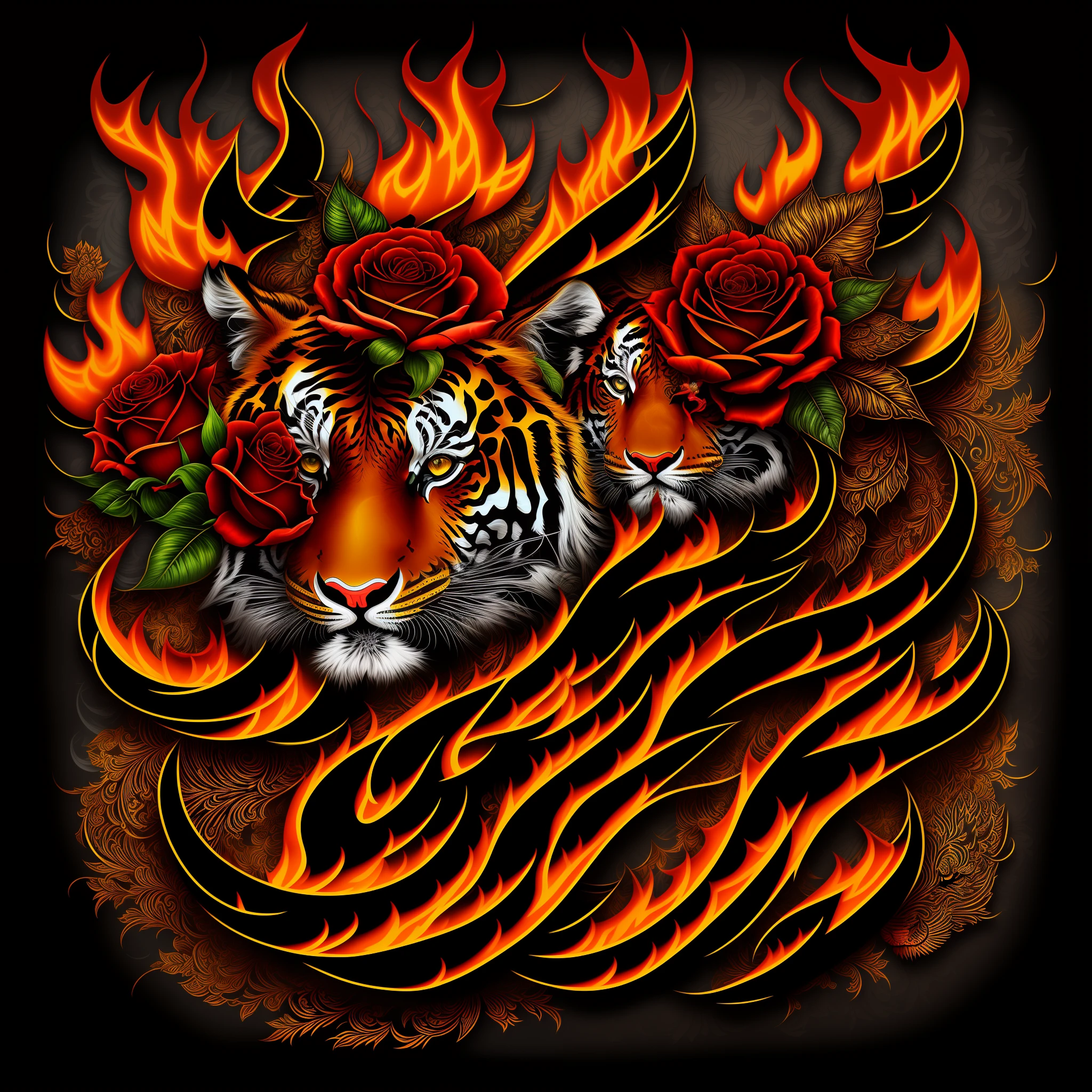 Ed Hardy Christian Audigier-style vector print: Fierce tiger amid flames, roses, and tribal patterns. Strong lines, dynamic curves and elaborate details. Vibrant colors (red, black, gold). Striking typography. Basic settings: Pixel 1080x1080, Resolution 1, White Background. Advanced settings: Euler Method, Steps 20, CFG Scale 10, Seed 123, Upscale 2. Tags: [masterpiece], Ed Hardy, Christian Audigier, vector print, tiger, flames, roses, tribal patterns, typography, vibrant colors.