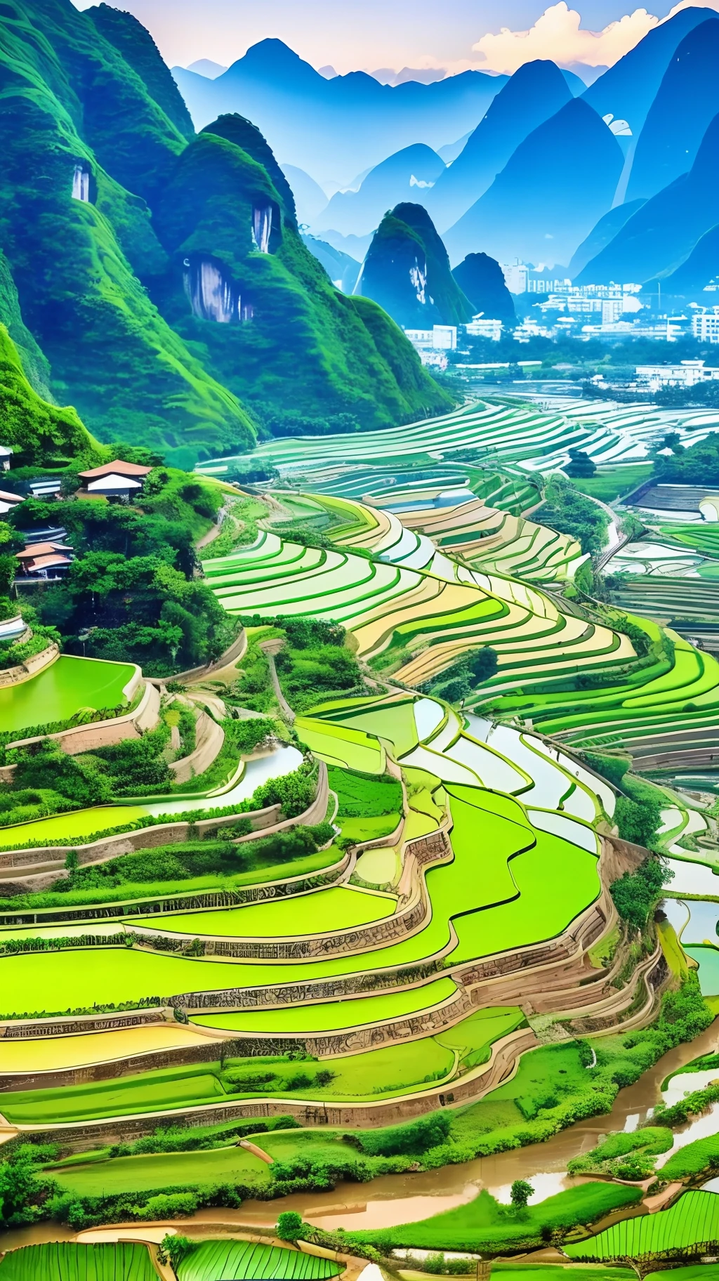 Beautiful terraced fields, green rice fields, ponds, houses, views of Guilin, the best in the world, HD, 512K