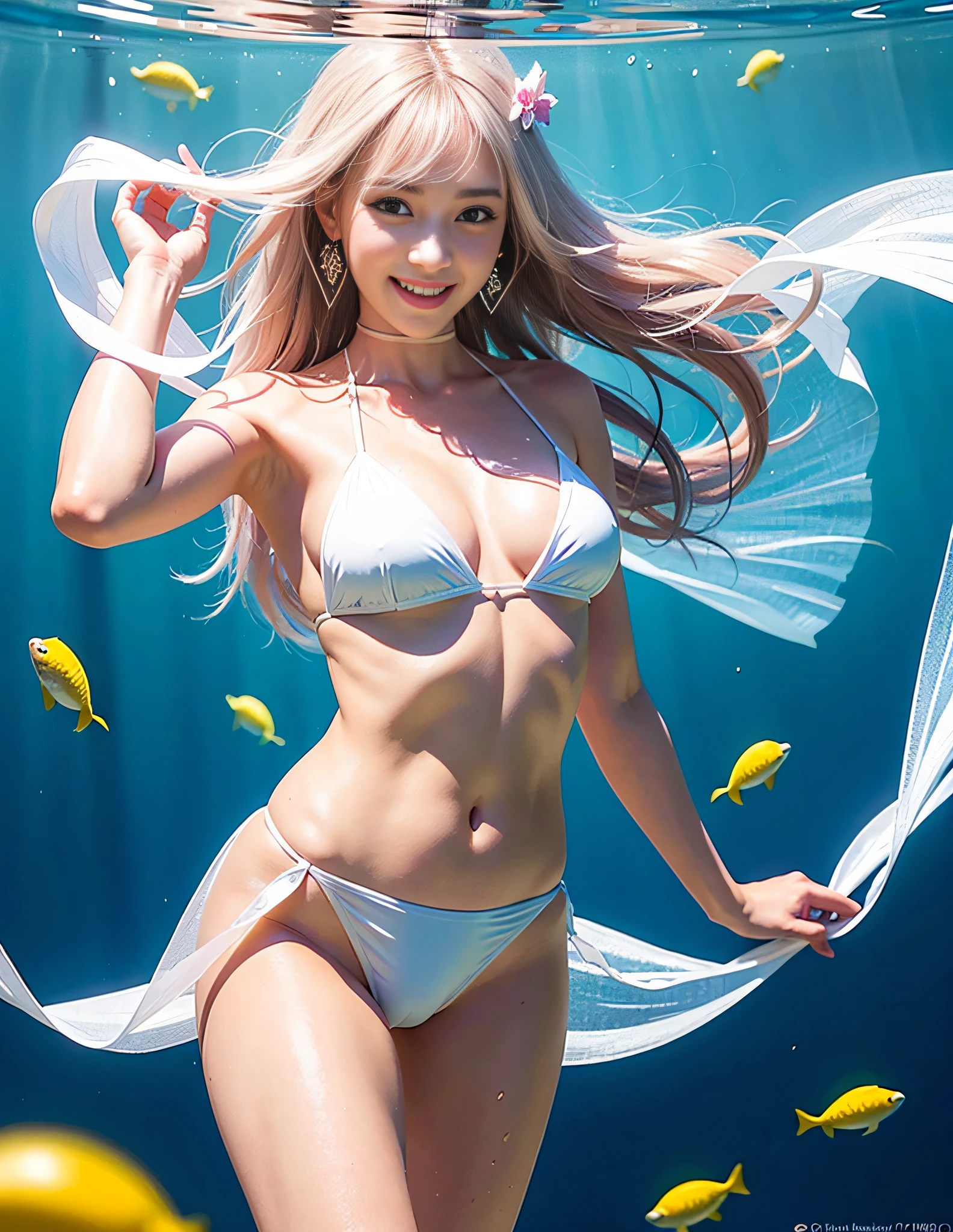 A girl, sea, underwater, underwater, under water, bubbles, wet clothes, wet body, low angle, hair ornaments, translucent kimono dress, white kimono, white kimono, choker, transparent white ??????: 0.8, transparent skirt: 0.7, natural daylight, best quality, masterpiece, illustration, an extremely delicate and beautiful, extremely detailed wallpaper, CG Unity wallpaper, extremely detailed, CG Unity, unit, 8k, incredible, with fine details, masterpiece, official art of the best quality 8k, CG Unity wallpaper absurd, absurd, incredibly absurd, size of huge, ultra-detailed, high-resolution, extremely detailed file, beautiful detailed girl, extremely detailed eyes and face, beautiful detailed eyes, (RAW photo, best quality), (realistic, photorealistic: 1.3), light on the face, full body, full body photo, ((face in the shape of a triangle)), (whitish pink hair: 1), long hair, (big and perfect eyes), ((puffy eyes)), ((small ???????)), (fantastic ???????)), (fantastic ???????)), (Idol of the Pop), (aegyo sal), bangs, thin, (posing), (smiling), happy, looking at the viewer, from front, small fish, flowers