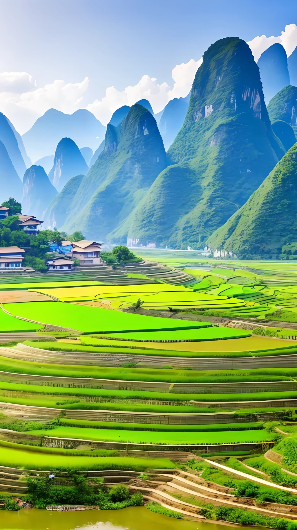 Beautiful terraced fields, green rice fields, ponds, houses, views of Guilin, the best in the world, HD, 512K