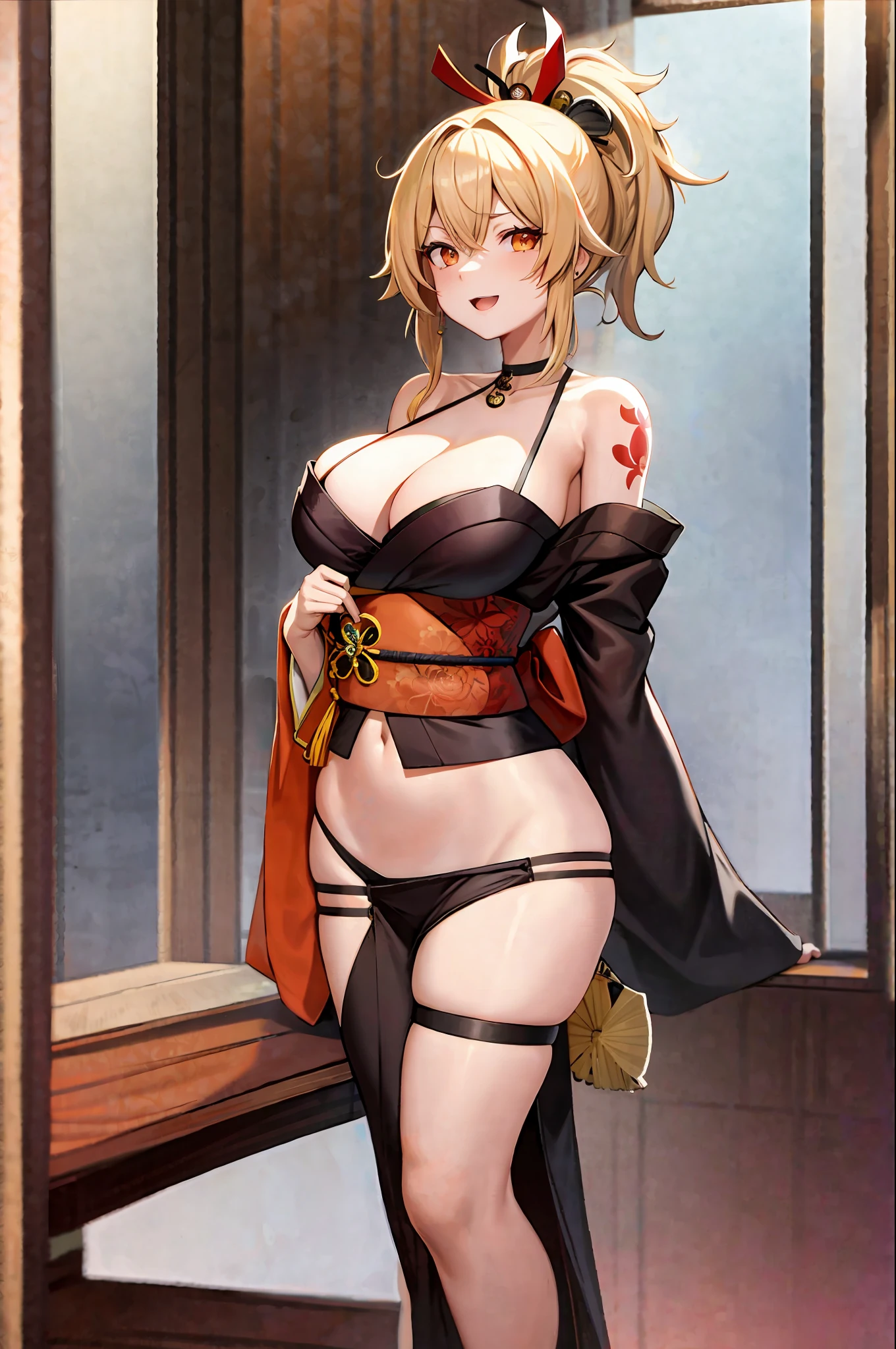 masterpiece, exquisite, high-resolution, single woman, blonde, medium hair, asymmetrical hair, floating hair, blindfold, high ponytail, side lock, hair ornament, fish hair ornament, tassels, kanzashi, bangs, orange eyes, open mouth, smile, teeth, upper teeth only, choker, red choker, pendant choker, butterfly choker, collarbone, tattoo, chest tattoo, flower tattoo, cleavage, big breasts, thighs, bandages, bandaged legs, sarashi, budget sarashi, chest sarashi, black sash, hadanugi dosa, broomstick, kimono, kimono, drawstring, obi, obiage, obijime, orange kimono, drawstring, patterned kimono, rope, obi, shimenawa, short kimono, bare shoulder, genshin, East Asian architecture, cherry blossoms, whole body, arms behind head, sweat