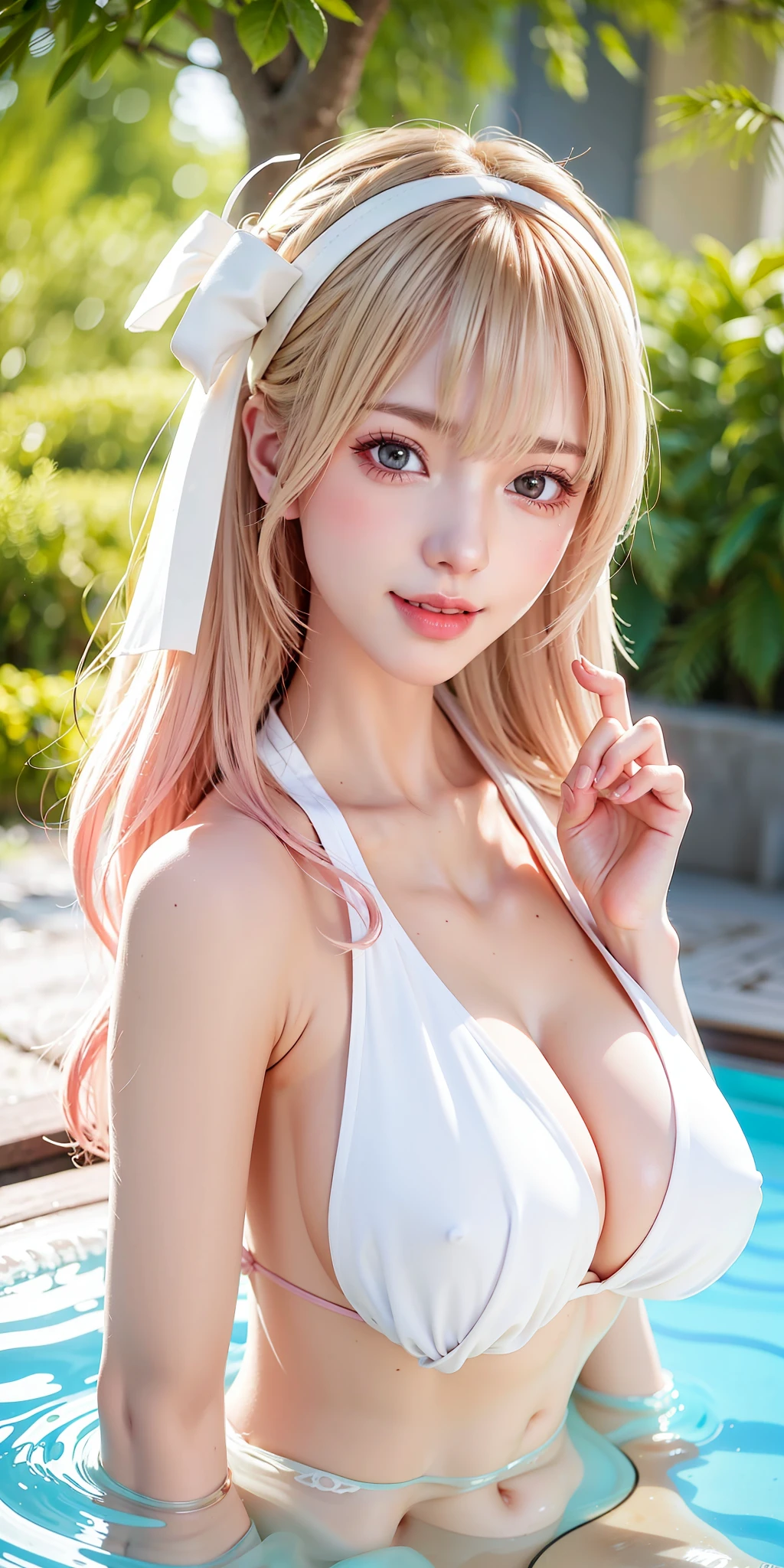 (8k, 4k, best quality, highres:1.2), (maasterpiece, realistic, photo realistic:1.37), 1girl, solo, beautiful face, eyelashes, nose, glossy lips, (detailed eyes, looking at viewer, fair skin, white skin:1.5), fine complexion, upper body,
large breasts, busty,, (nude:1.5),
outdoor onsen,
two side up, absurdly long hair, blonde hair, pink hair, bangs, hair ornament, bow,
younger, aged down,