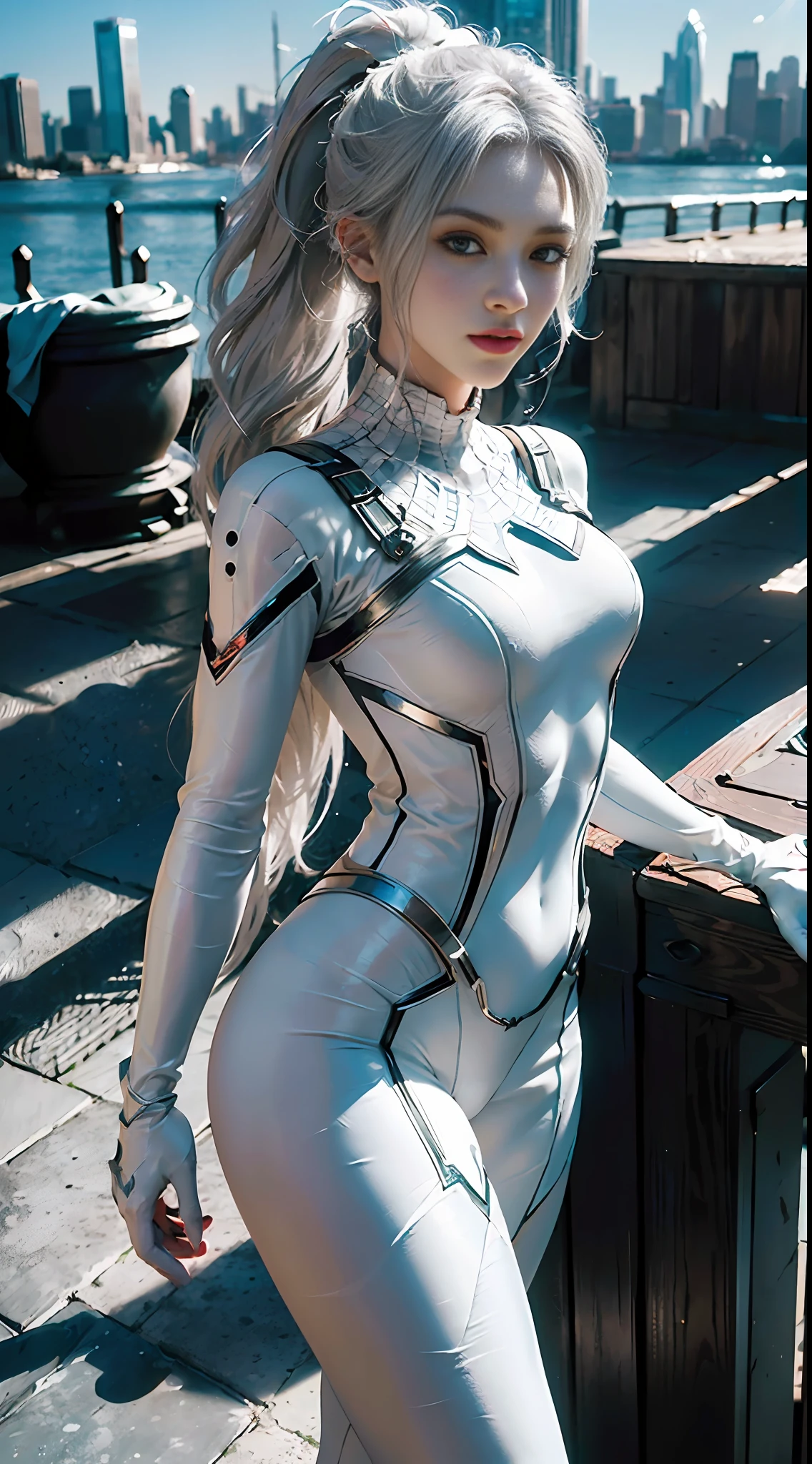(Extreme Detail CG Unity 8K wallpaper, masterpiece, top quality), (exquisite lighting and shadows, very dramatic graphics, cinematic lens effect), (girl in white Spider-Man costume, silver hair, ponytail, from parallel universe, city skyline in background, dynamic pose), (excellent detail, outstanding lighting, wide angle), ( Excellent rendering, enough to stand out in its class)