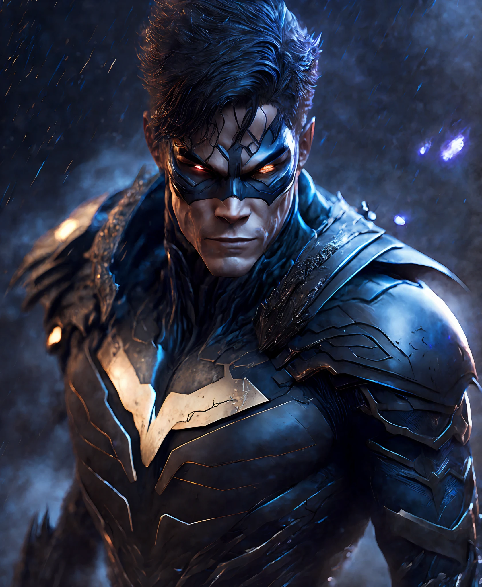 Close-up (Cyborg Nightwing from DC in Viking style: 1.3) emerging from wet black mud, extremely detailed, smoke, sparks, metal shavings, flying debris, volumetric light