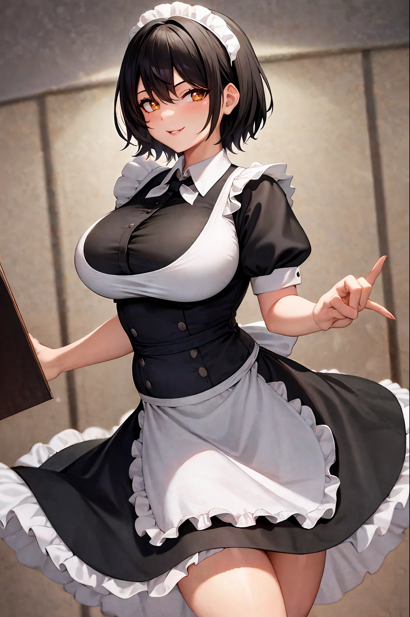 maid, short hair, black hair, top quality, girl single, laughing, apron, big, thighs, sensual, golden eyes, plump lips, seductive