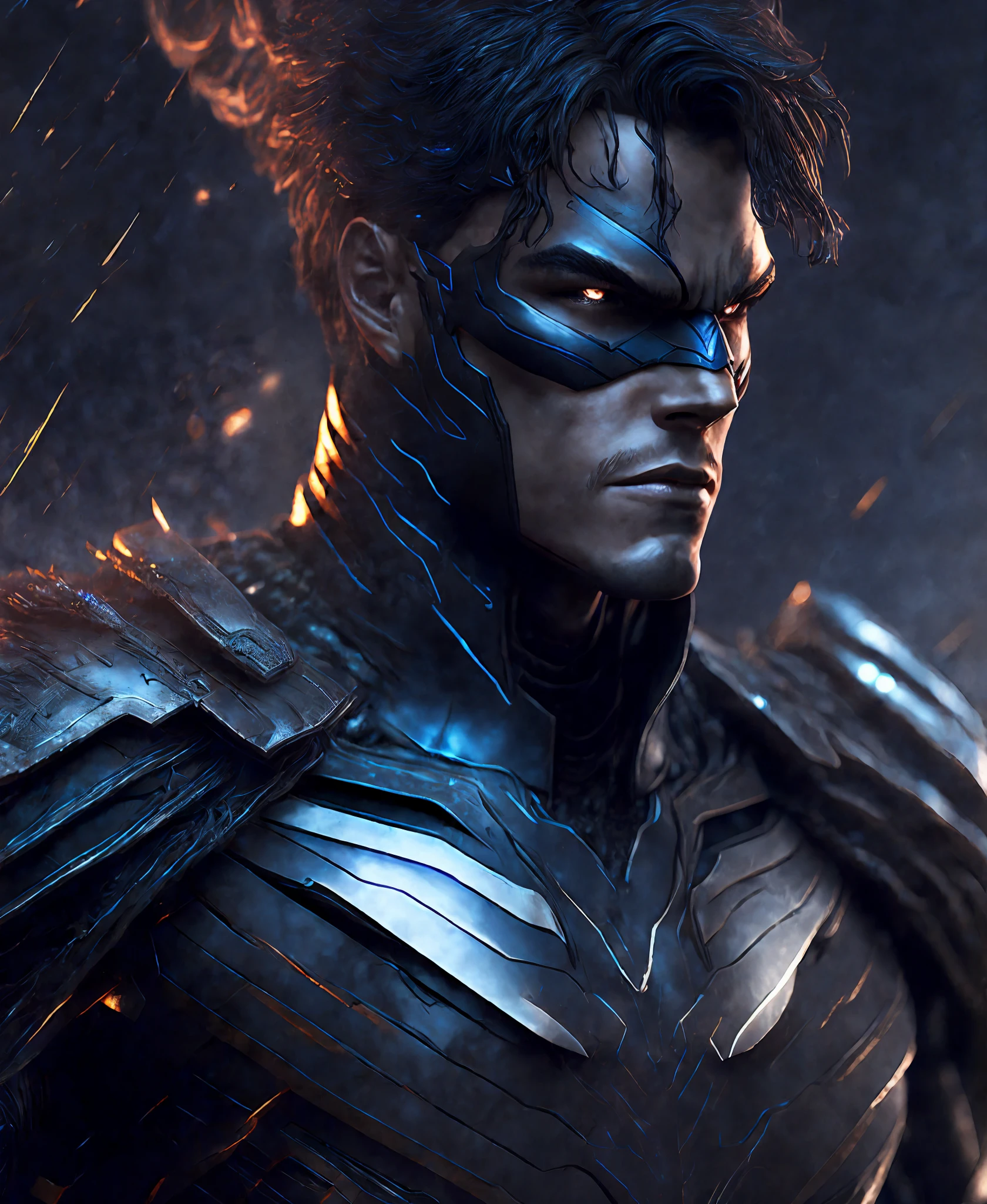 Close-up (Cyborg Nightwing from DC in Viking style: 1.3) emerging from wet black mud, extremely detailed, smoke, sparks, metal shavings, flying debris, volumetric light