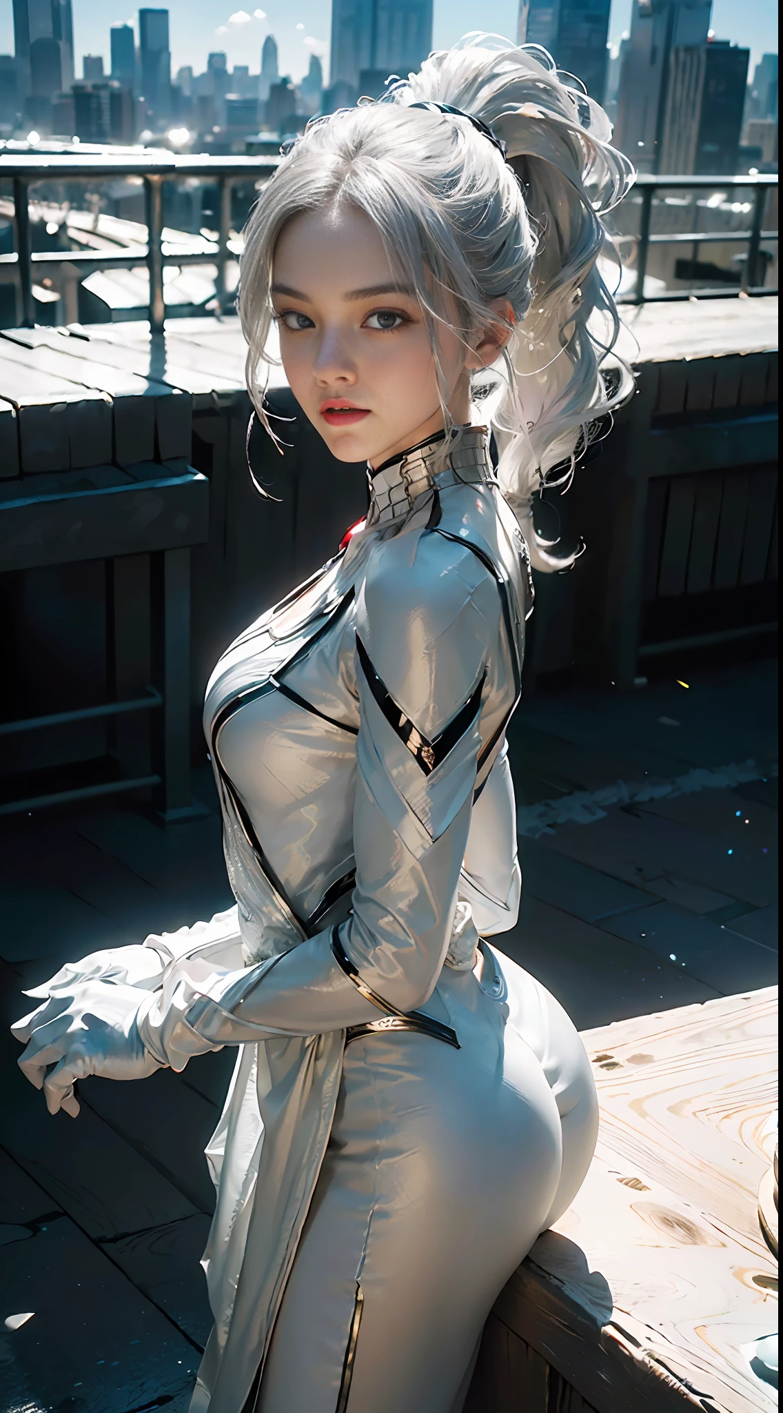 (Extreme Detail CG Unity 8K wallpaper, masterpiece, top quality), (exquisite lighting and shadows, very dramatic graphics, cinematic lens effect), (girl in white Spider-Man costume, silver hair, ponytail, from parallel universe, city skyline in background, dynamic pose), (excellent detail, outstanding lighting, wide angle), ( Excellent rendering, enough to stand out in its class)