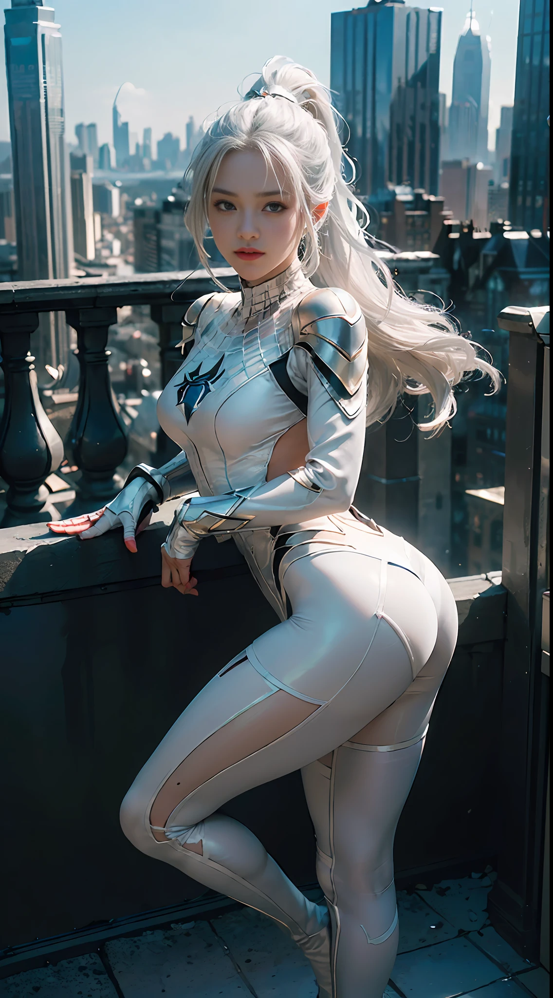 (Extreme Detail CG Unity 8K wallpaper, masterpiece, top quality), (exquisite lighting and shadows, very dramatic graphics, cinematic lens effect), (girl in white Spider-Man costume, silver hair, ponytail, from parallel universe, city skyline in background, dynamic pose), (excellent detail, outstanding lighting, wide angle), ( Excellent rendering, enough to stand out in its class)