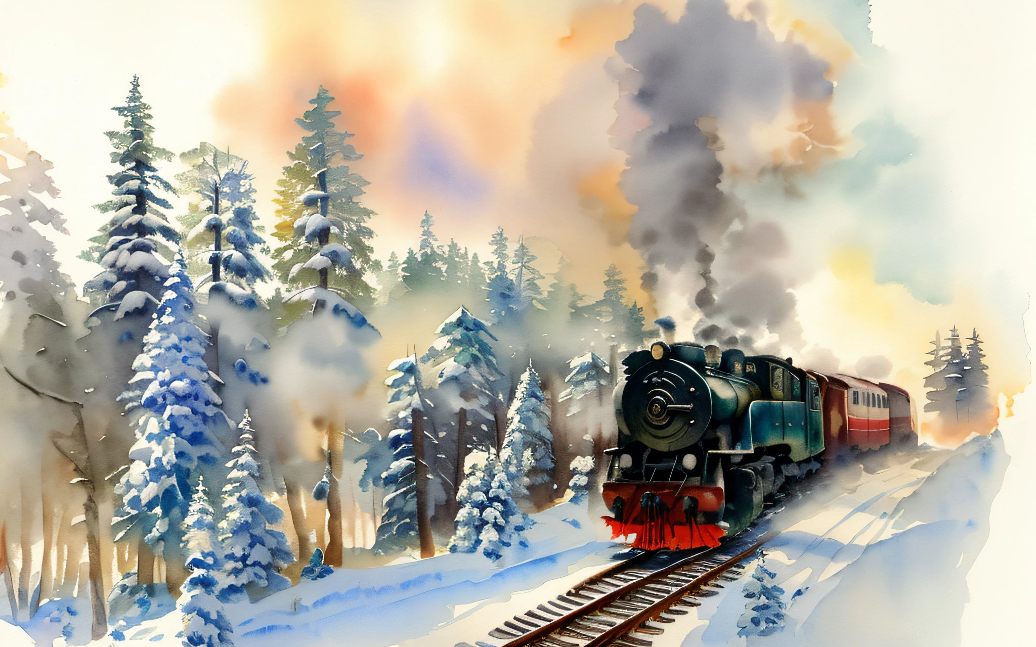 ( watercolor \(medium\), drawing, IrisCompiet:1.2), painting Russian steam locomotive Ordzhonikidze rides along the tracks among the winter tundra, landscape, sfw, forest, railway, trees, pines, snow, a lot of steam, smoke