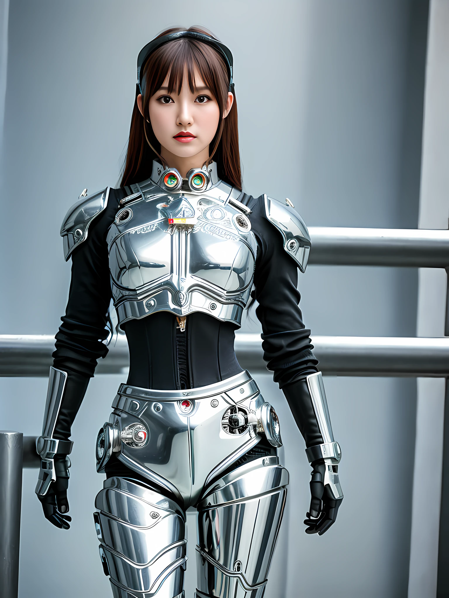 Masterpiece, 4K, 8K, Cute Girl Made of Polished Metal, (Cyborg:1.1), ([Wire]:1.3), (Intricate Details), HDR, (Intricate Details, Hyperdetail:1.2), Cowboy Shot, Camera Upward, Center, Wide Hips, Strong Legs, Pretty Face, Detailed Face, Standing Posture,