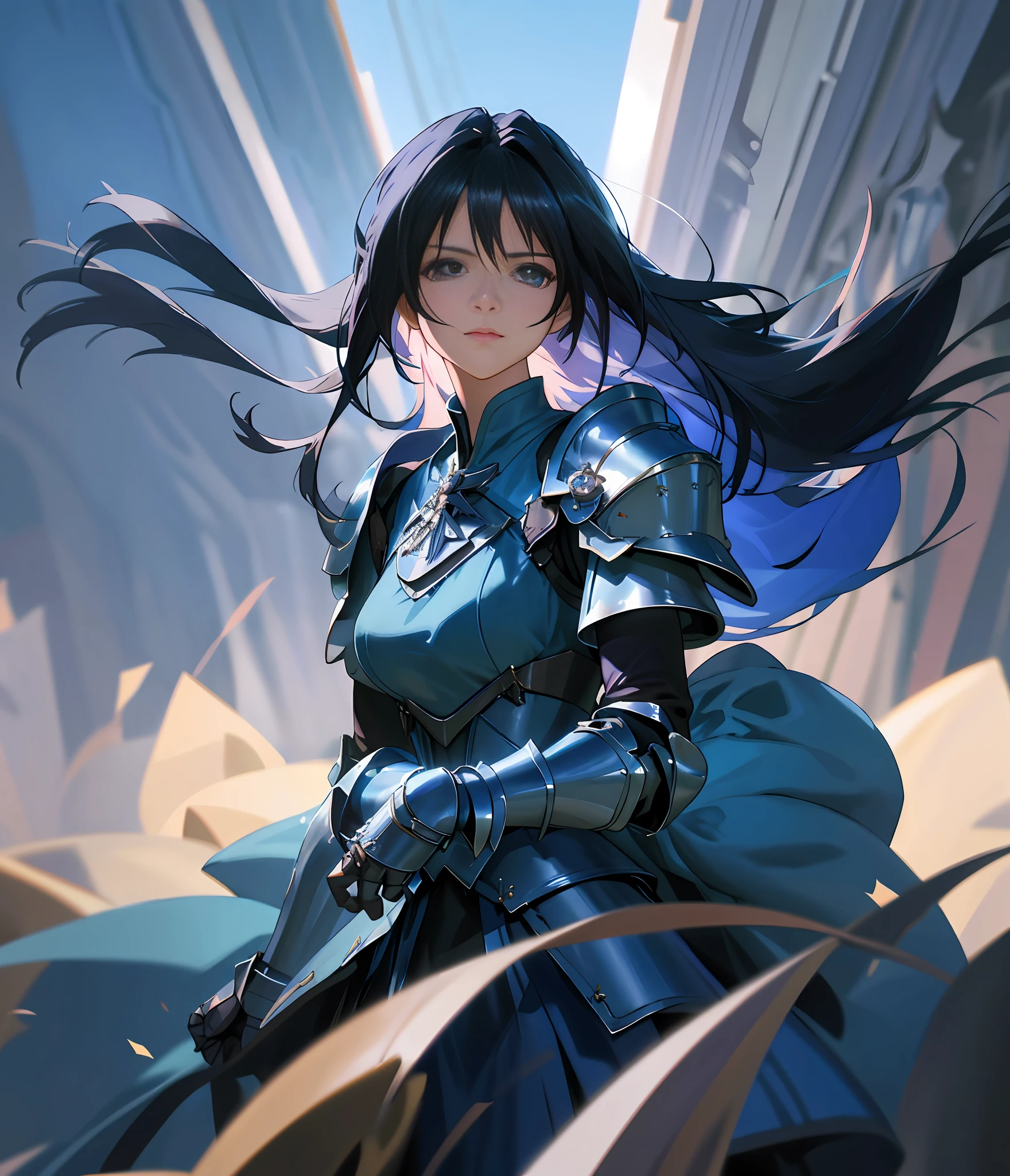 rinoa, blue dress armor, full gauntlets, dark blue shoulder pads, dark fantasy, hair blowing in the wind, incomparable masterpiece, 8k uhd, perfect art, beautiful face, beautiful eyes, precise hands, dramatic lighting, ray tracing, symmetrical eyes