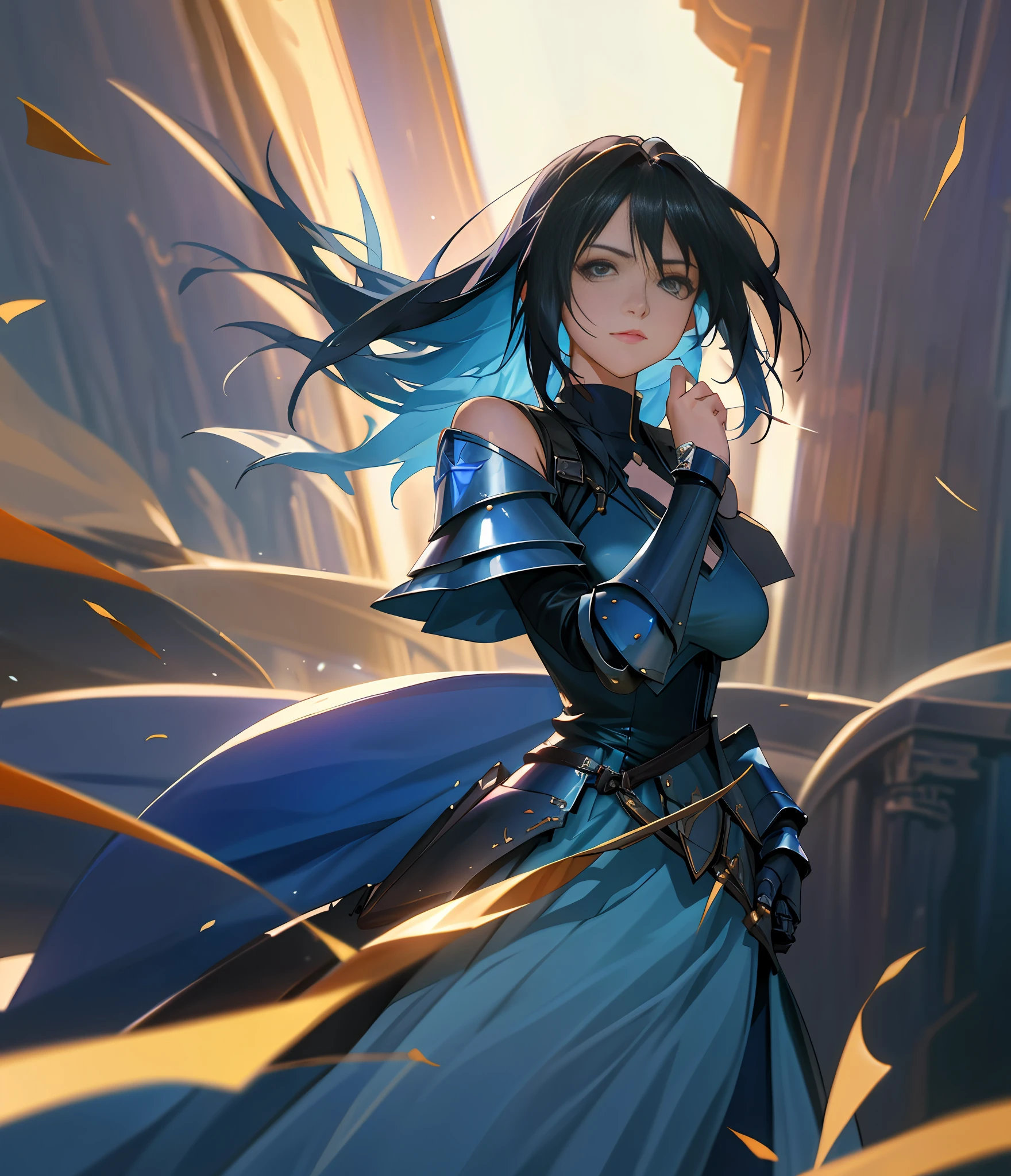 rinoa, blue dress armor, full gauntlets, dark blue shoulder pads, dark fantasy, hair blowing in the wind, incomparable masterpiece, 8k uhd, perfect art, beautiful face, beautiful eyes, precise hands, dramatic lighting, ray tracing, symmetrical eyes