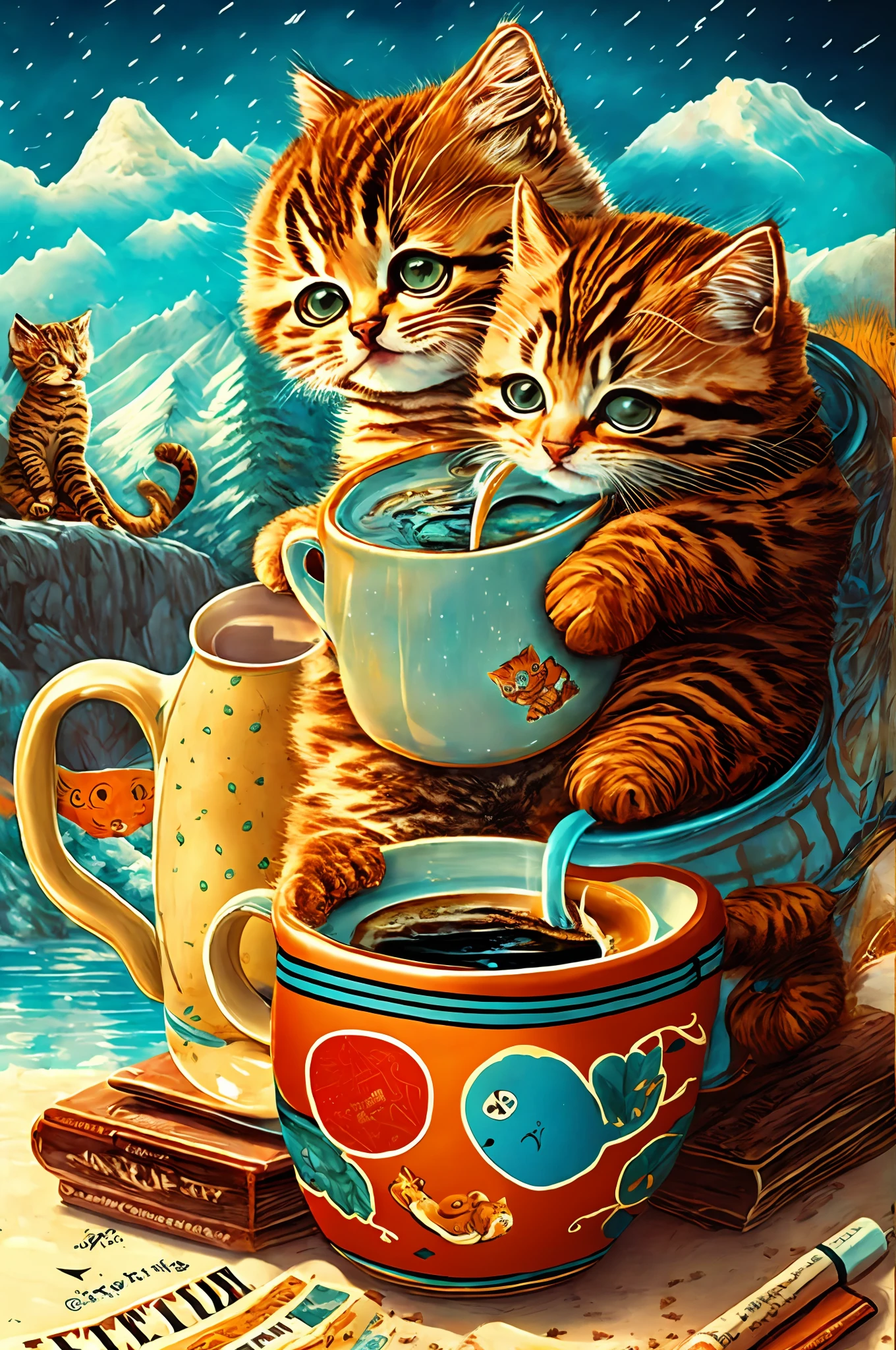 Cute kitten drinking hot steaming coffee from a huge ceramic mug, postcard, doodling, doodling, very cute, very cozy like a postcard, many characters, Dan Mumford style Artwork, Computer Game Art, Psytrance, Hydro74 Style