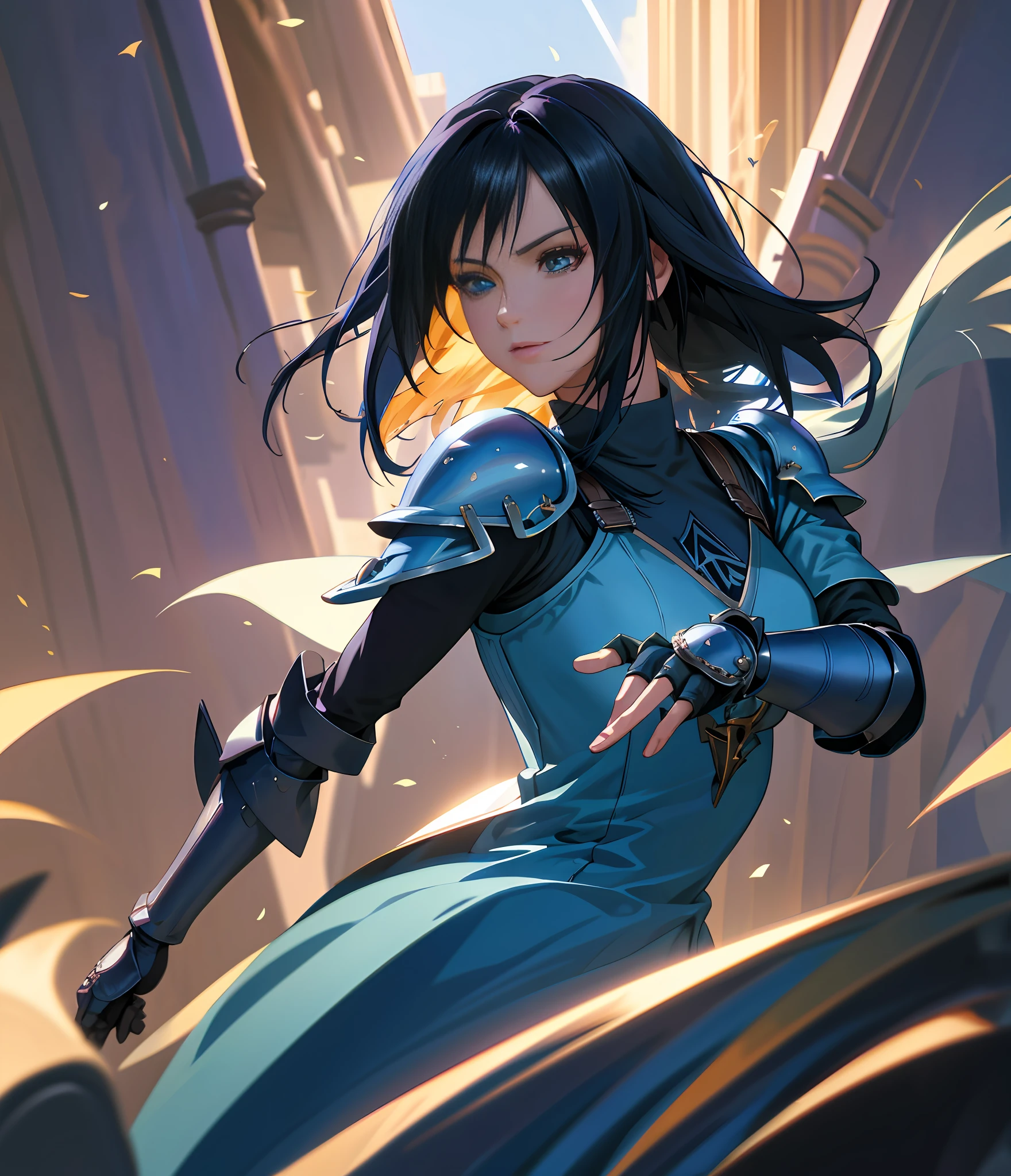 rinoa, blue dress armor, full gauntlets, dark blue shoulder pads, dark fantasy, hair blowing in the wind, incomparable masterpiece, 8k uhd, perfect art, beautiful face, beautiful eyes, precise hands, dramatic lighting, ray tracing, symmetrical eyes