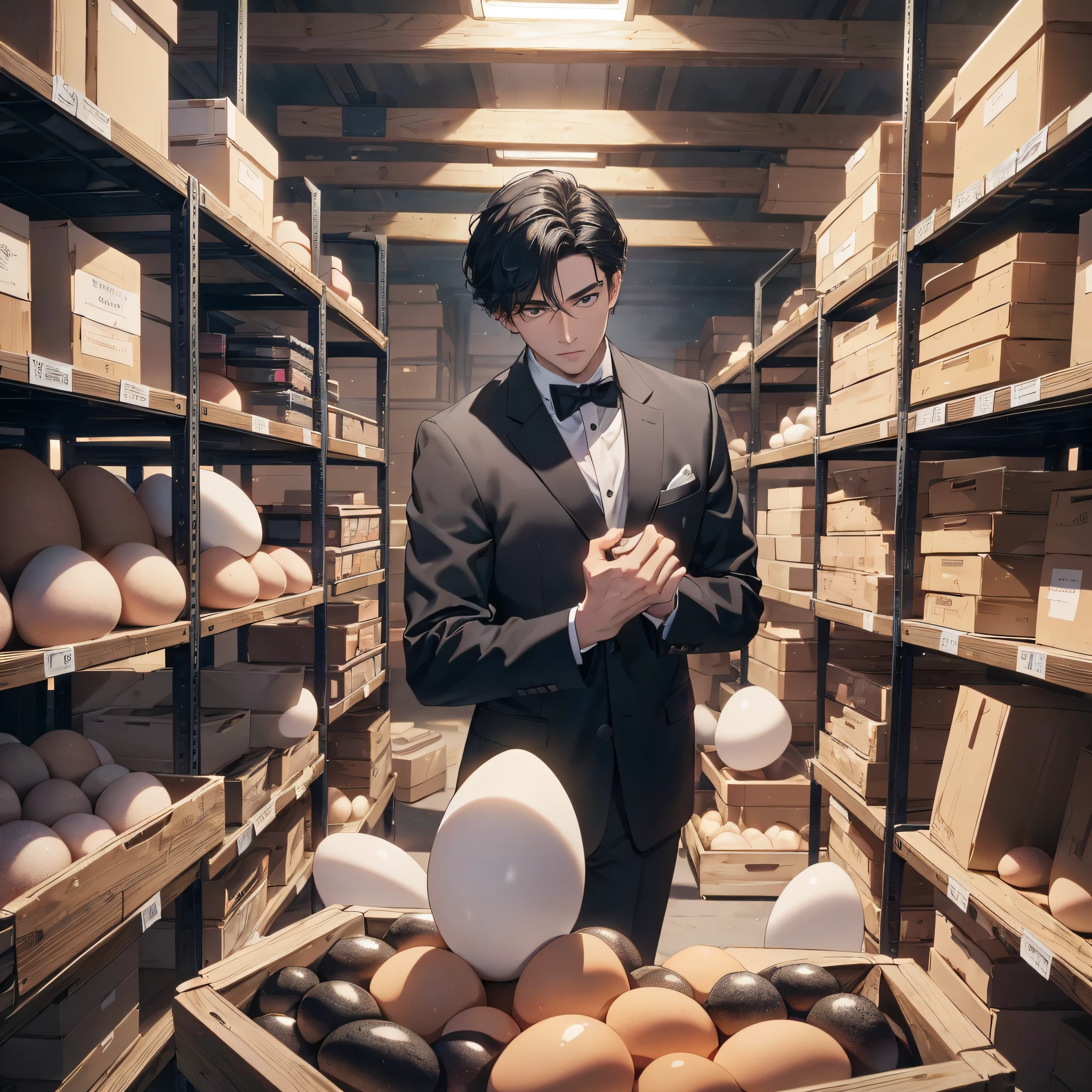 A thirty-year-old middle-aged man in a black suit with short black hair standing in a storeroom piled with eggs (in the background is a storeroom full of eggs 1.5) (piled with eggs 1.8) (best quality: 1.1) (Vista 1.5) (Masterpiece: 1.3) with an unparalleled masterpiece, surreal 8K, perfect artwork, super detail, best quality, masterpiece 4K wallpaper aesthetics, masterpiece, award-winning artwork, official art, cinematic lighting (Handsome Young 1.5) (Handsome 1.5) (vicissitudes 1.3)