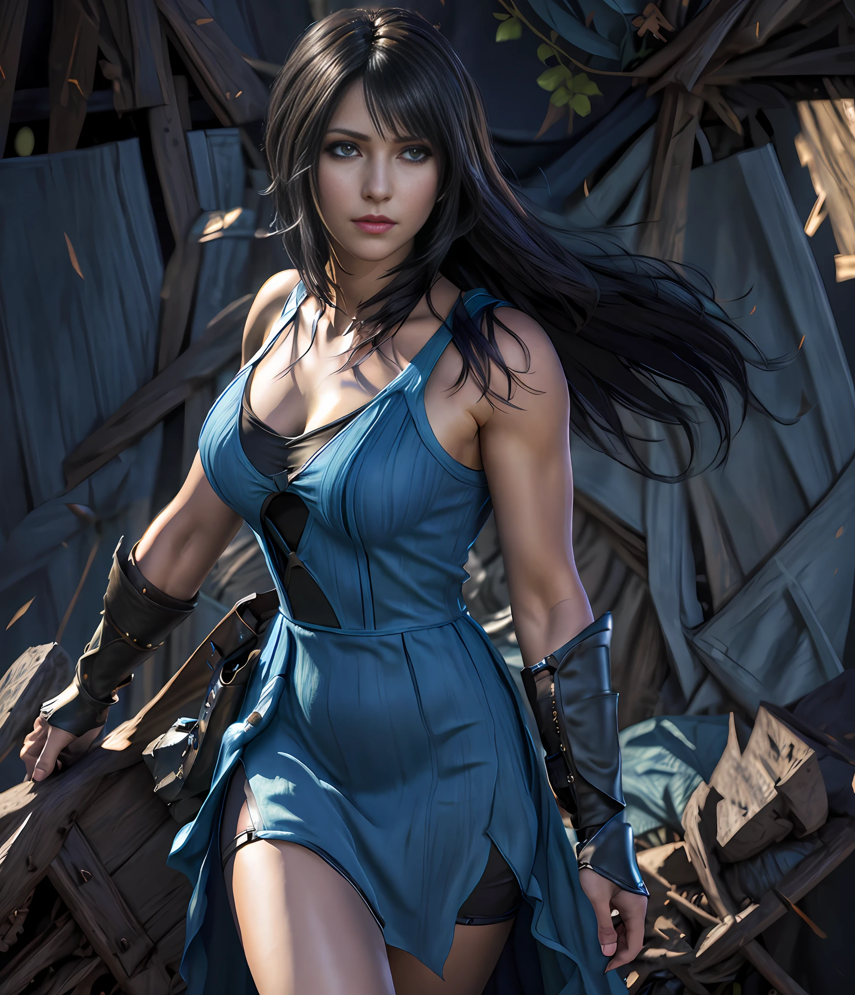 rinoa, blue dress armor, full gauntlets, dark blue shoulder pads, dark fantasy, hair blowing in the wind, incomparable masterpiece, 8k uhd, perfect art, beautiful face, beautiful eyes, precise hands, dramatic lighting, ray tracing, symmetrical eyes