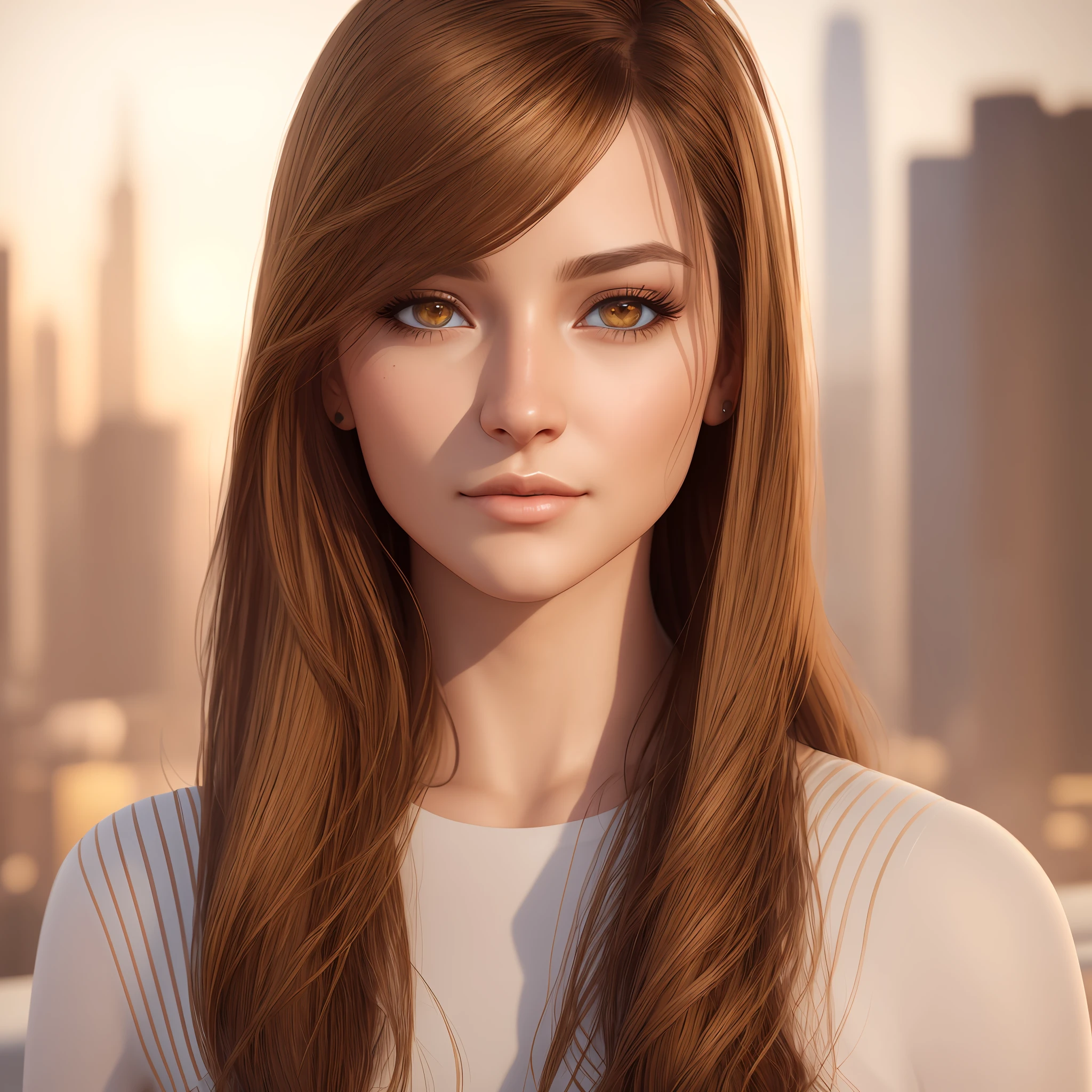3d, hd, heperrealistic, ultra detailed, beautiful woman, realistic skin texture, brown hair, amber eyes, complex bacground, (cityscape: 1.1), 8k