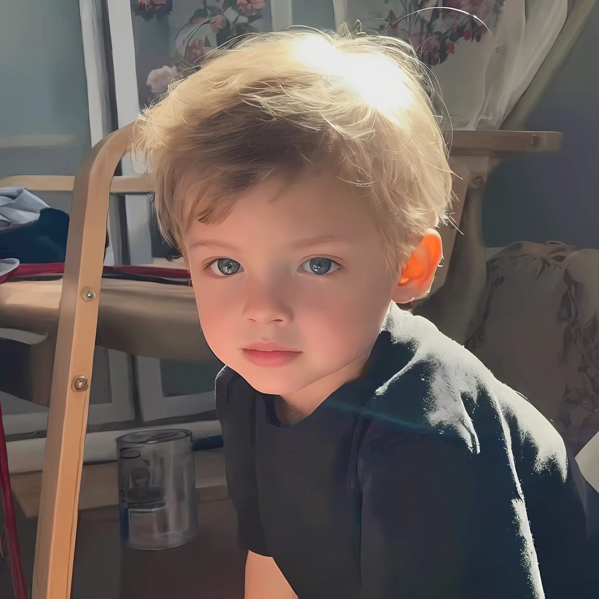 "(Master Works), Highest Quality, Detail Reproduction, Chair, Boy, Bright Light, Serious Expression, Confidence, Beauty, Focus Locked, Short Black Hair (1.2), Wild (0.9), 4K Ultra HD Resolution, Rich Face Detail, Realistic Light and Shadow, Ray Tracing".