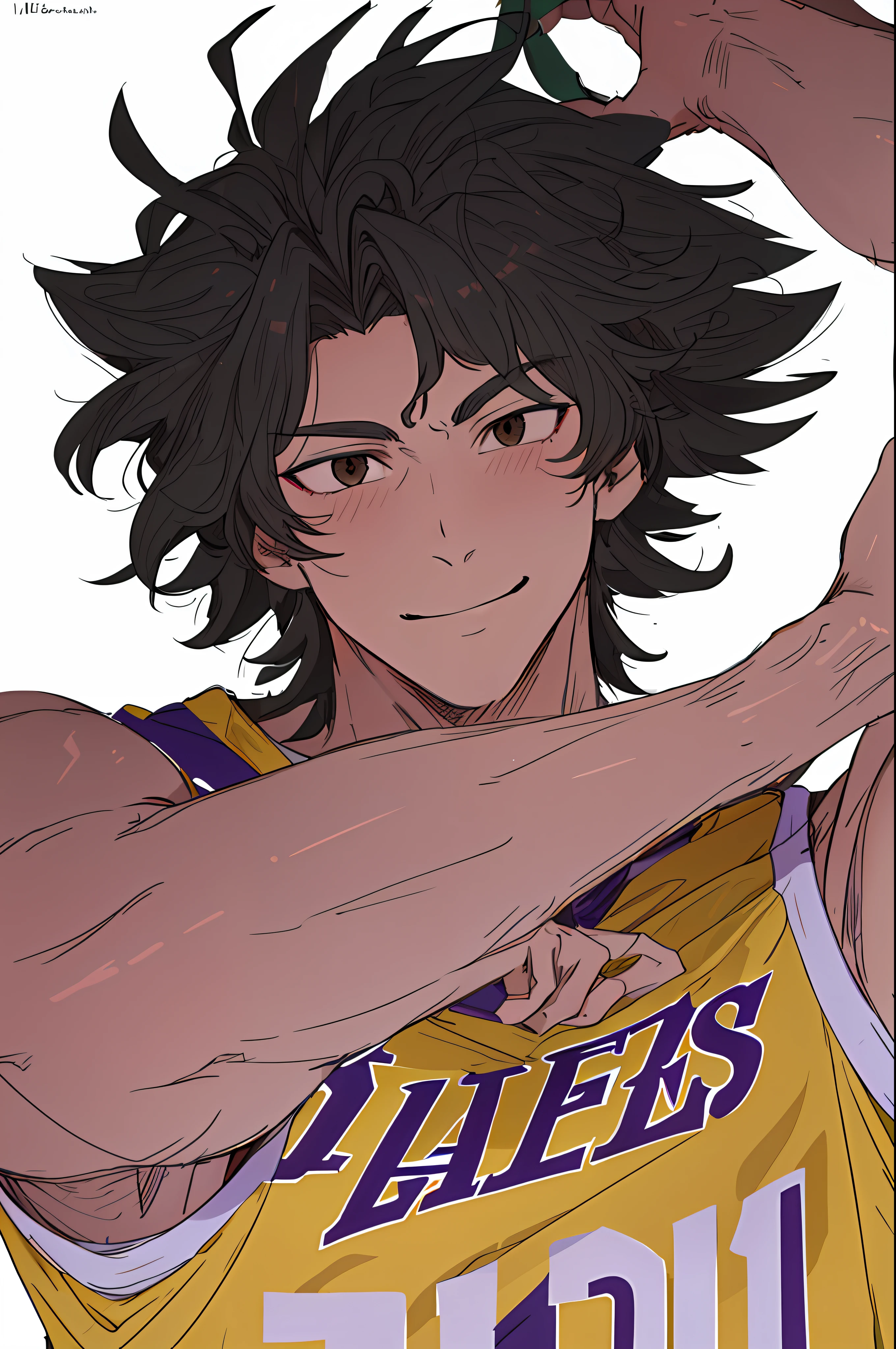 (best quality, masterpiece1.2), detailed, 1boy, solo, looking at viewer, simple background, upper body,
dynamic pose, smile, man basketball player uniform of the Los Angeles Lakers super detailed realistic, NBA, mature man, muscular man, male face1:1, smile, ((detailed eyes)), midoriya izuku, short curly strong black hair, brown eyes, white lightning,