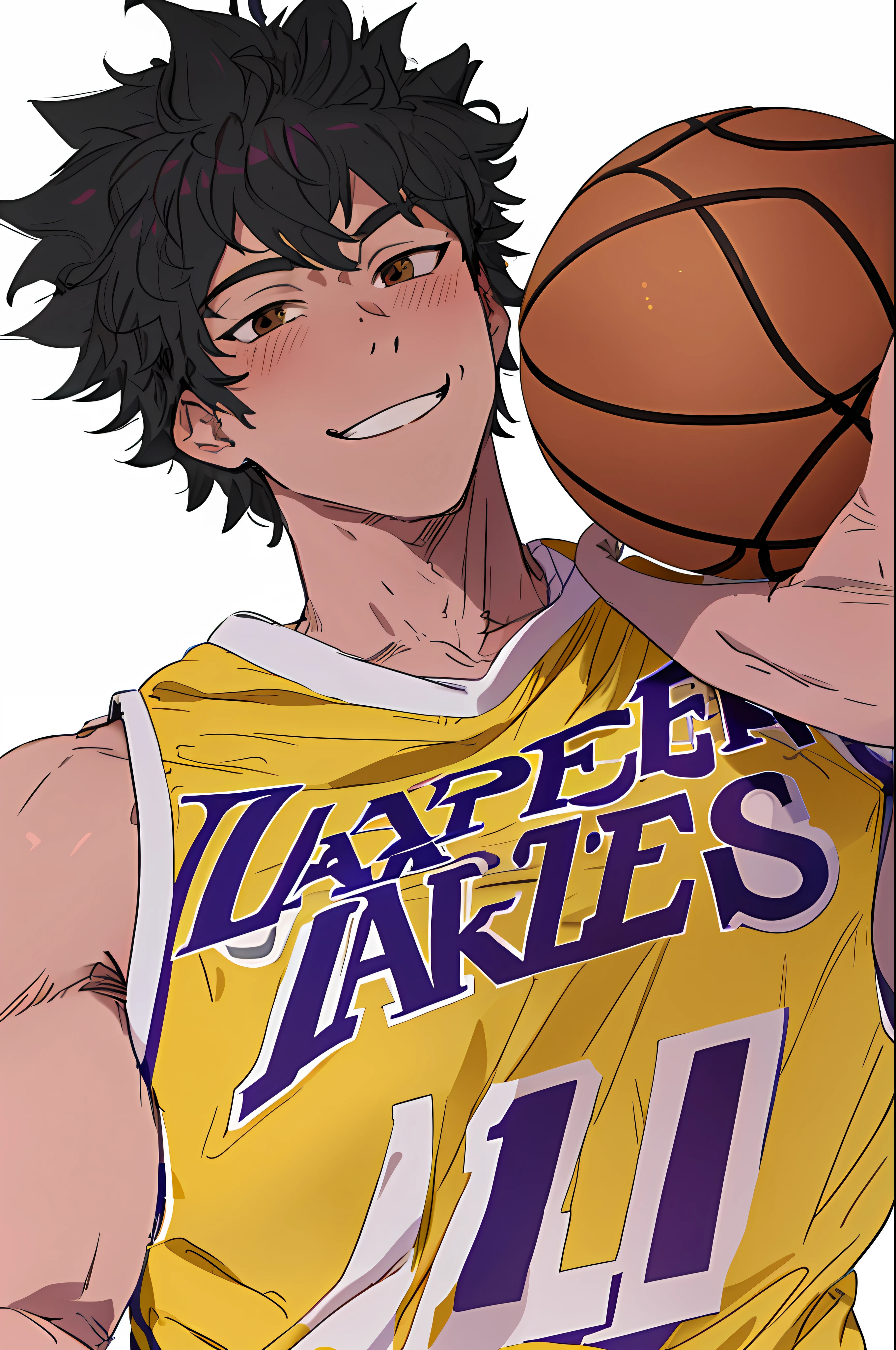 (best quality, masterpiece1.2), detailed, 1boy, solo, looking at viewer, simple background, upper body,
dynamic pose, smile, man basketball player uniform of the Los Angeles Lakers super detailed realistic, NBA, mature man, muscular man, male face1:1, smile, ((detailed eyes)), midoriya izuku, short curly strong black hair, brown eyes, white lightning,