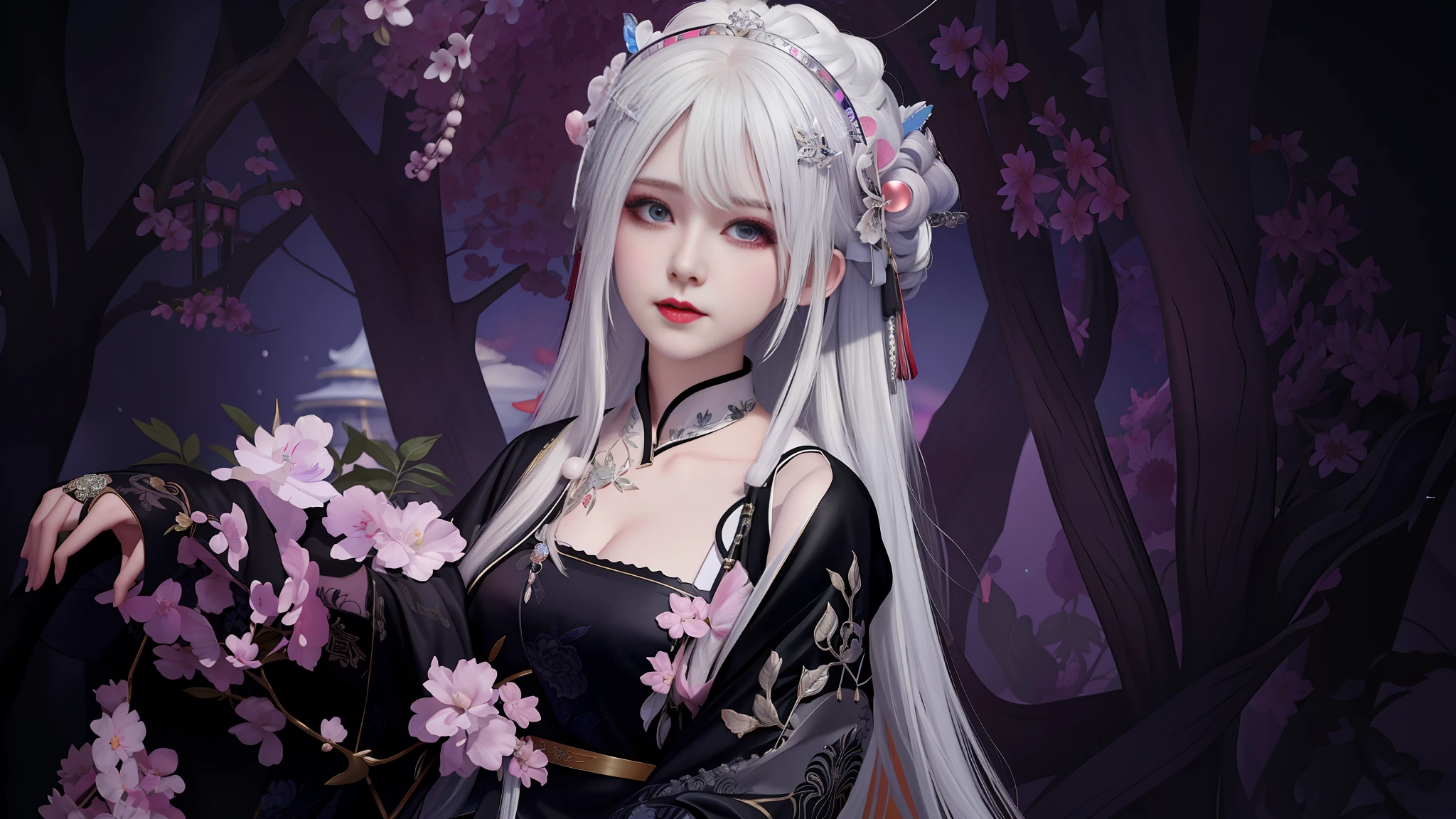 There is a woman with long white hair and a black dress, Guvitz-style artwork, Guvitz, Guvitz masterpiece, Guvitz on Pixif Art Station, Güvez on Pixif Art Station, Palace, Girl in Hanfu, Popular on CGSTATION, White Haired God, CG Society,