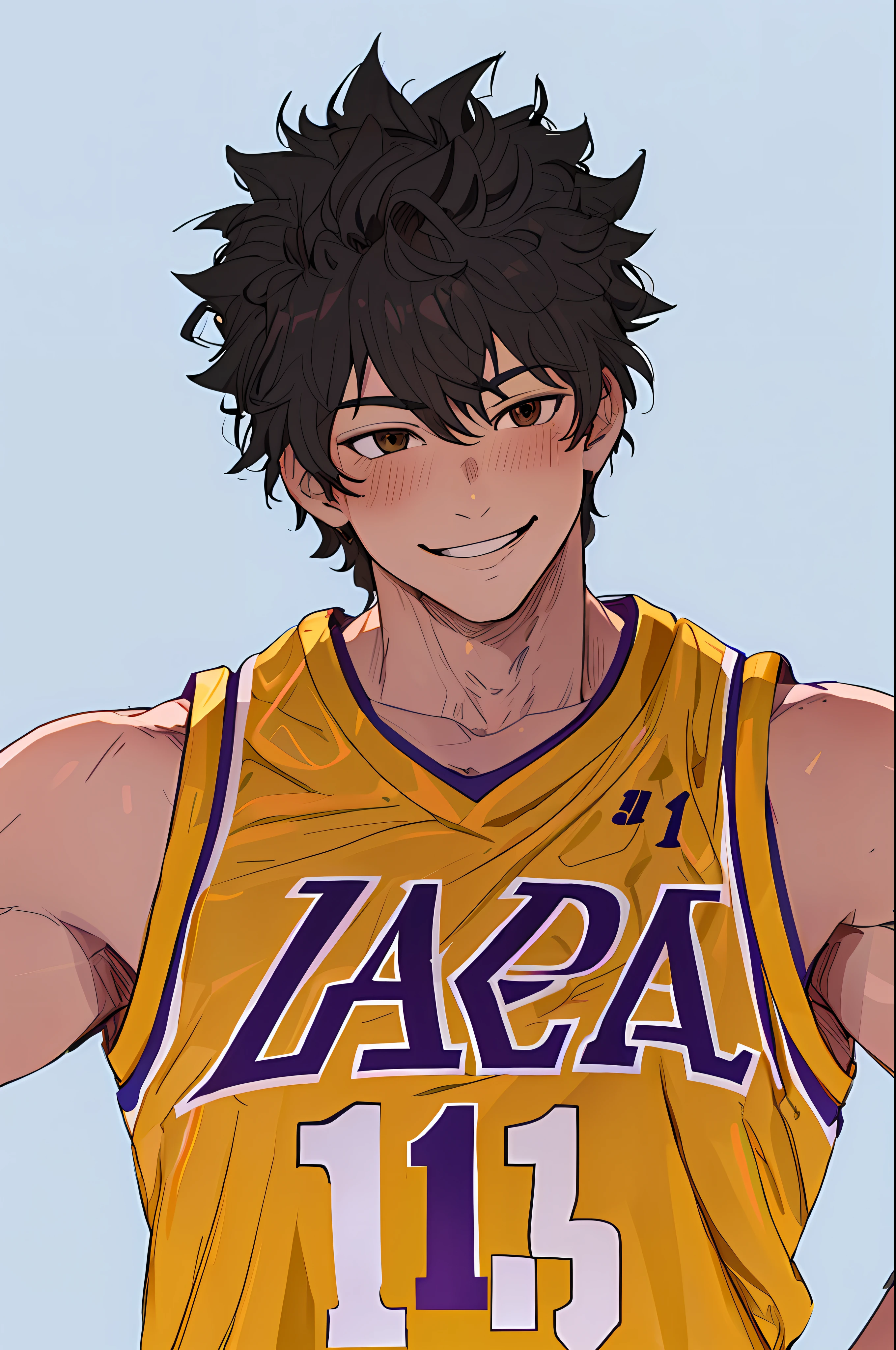 (best quality, masterpiece1.2), detailed, 1boy, solo, looking at viewer, simple background, upper body,
dynamic pose, smile, man basketball player uniform of the Los Angeles Lakers super detailed realistic, NBA, mature man, muscular man, male face1:1, smile, ((detailed eyes)), midoriya izuku, short curly strong black hair, brown eyes, white lightning,