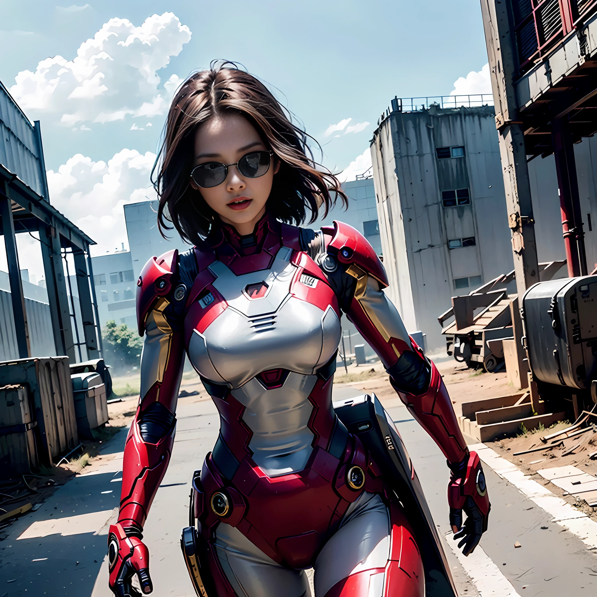 8k, realistic, attractive, highly detailed, a 20 year old girl a sexy and attractive woman inspired by Iron Man wearing a shiny Iron Man mech. She dresses with sexiness and confidence, perfectly interpreting Iron Man&#39;s strength and charisma. The abandoned warehouse serves as a backdrop, creating a unique atmosphere that highlights her bravery and perseverance. The cloudy sky adds a sense of tension and mystery to the whole scene. This high-definition, high-quality picture will bring you a shocking visual experience. The detailed abandoned warehouse and shiny mechs will keep your eyes on you. oc rendering, dramatic lighting, award winning quality